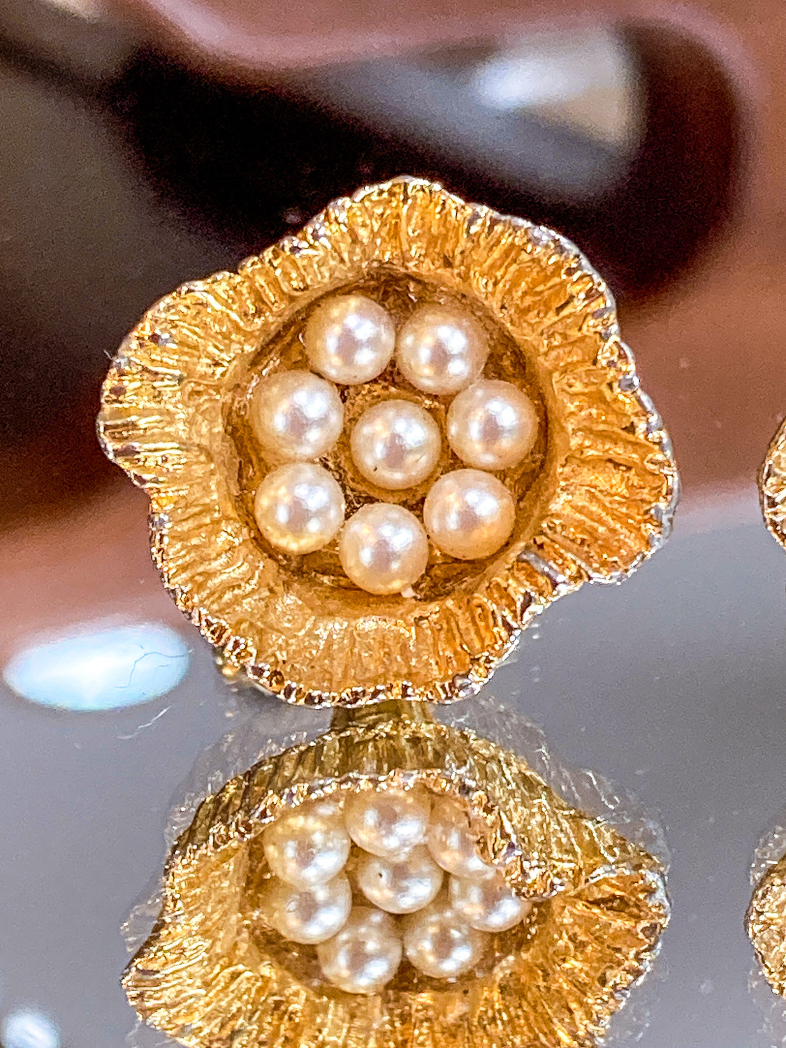 Vintage Gold Pearl Lotus Seed Bird Nest Egg Cufflink Pair Accessory