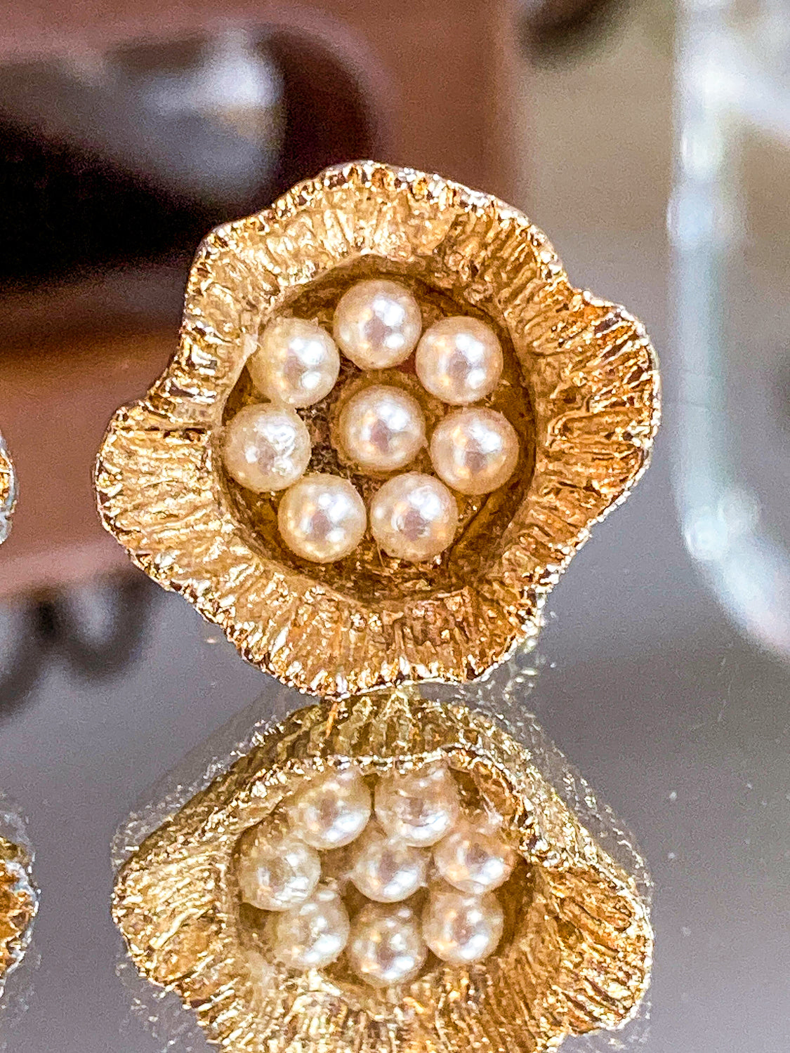 Vintage Gold Pearl Lotus Seed Bird Nest Egg Cufflink Pair Accessory