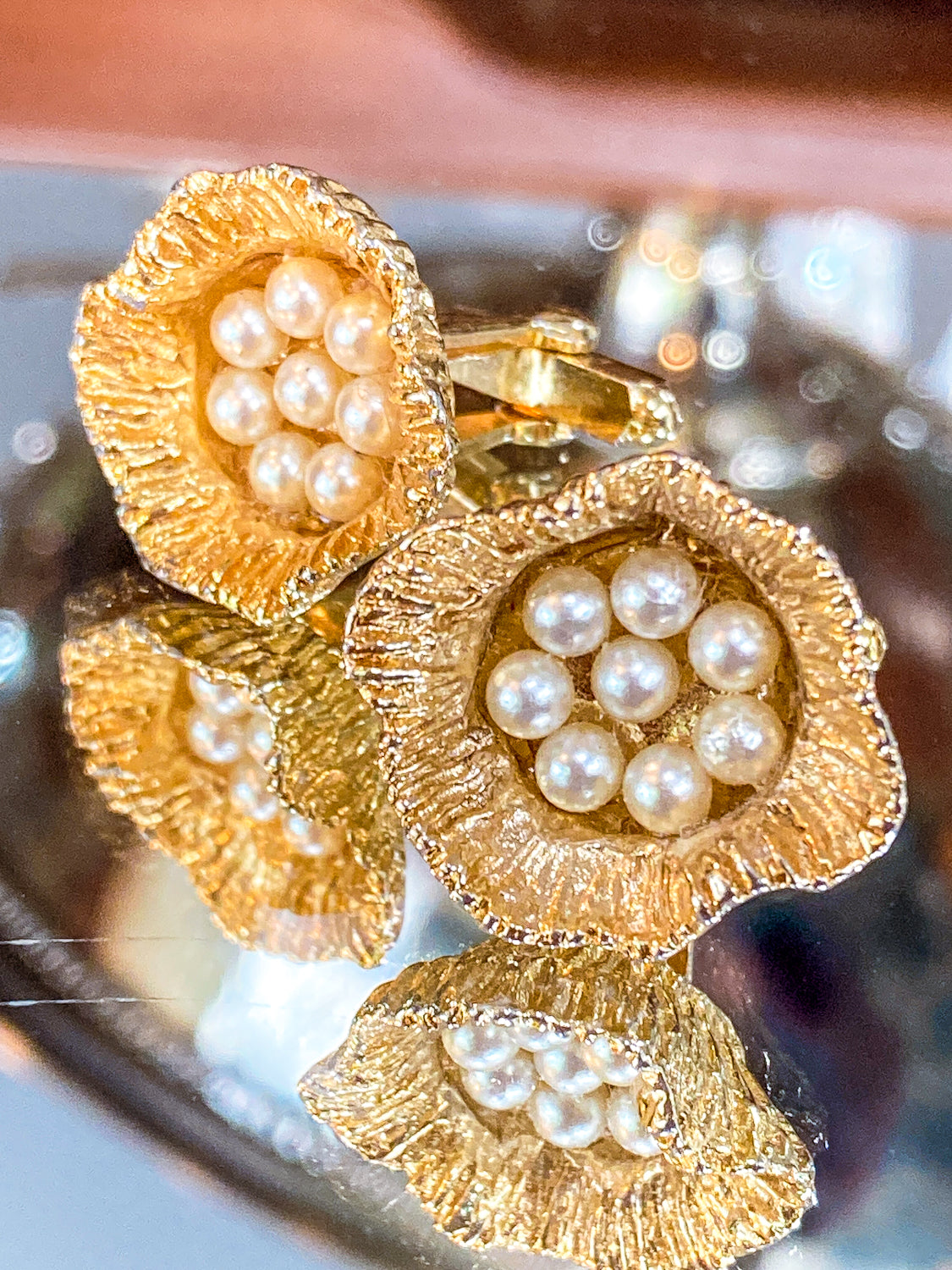 Vintage Gold Pearl Lotus Seed Bird Nest Egg Cufflink Pair Accessory
