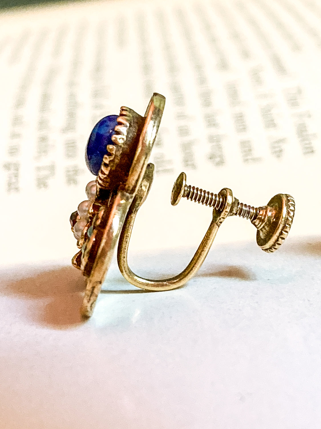 Vintage Gold Tone Lucky Charm Heart Shamrock Lapis Screwback Earrings