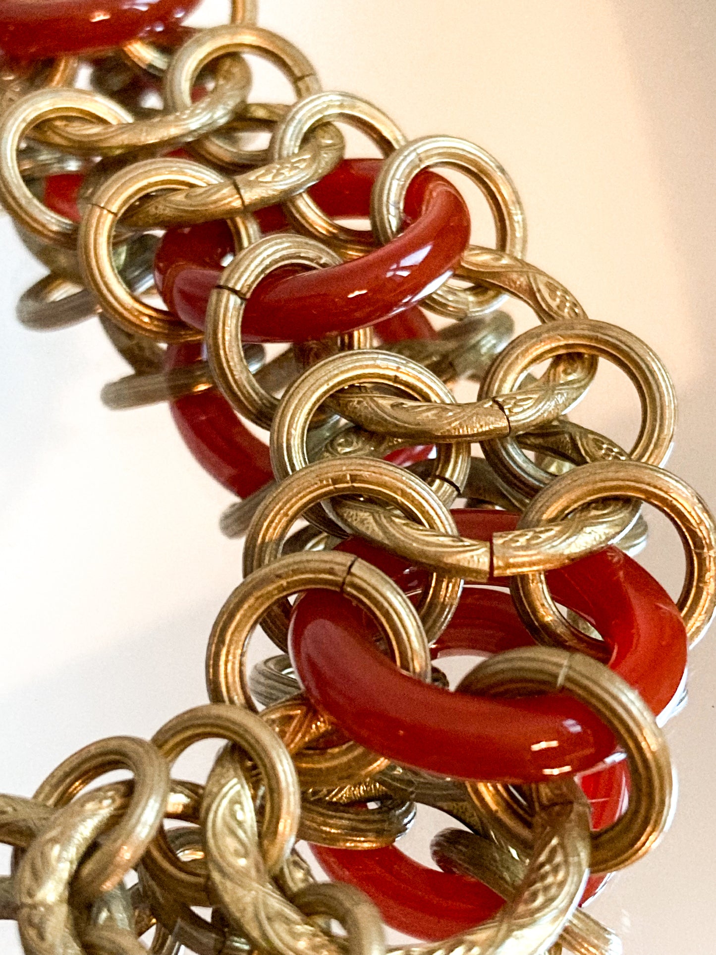 Vintage Gold Toned Circular Rust Red Lucite Stone Chain Link Bracelet Stephen Dweck