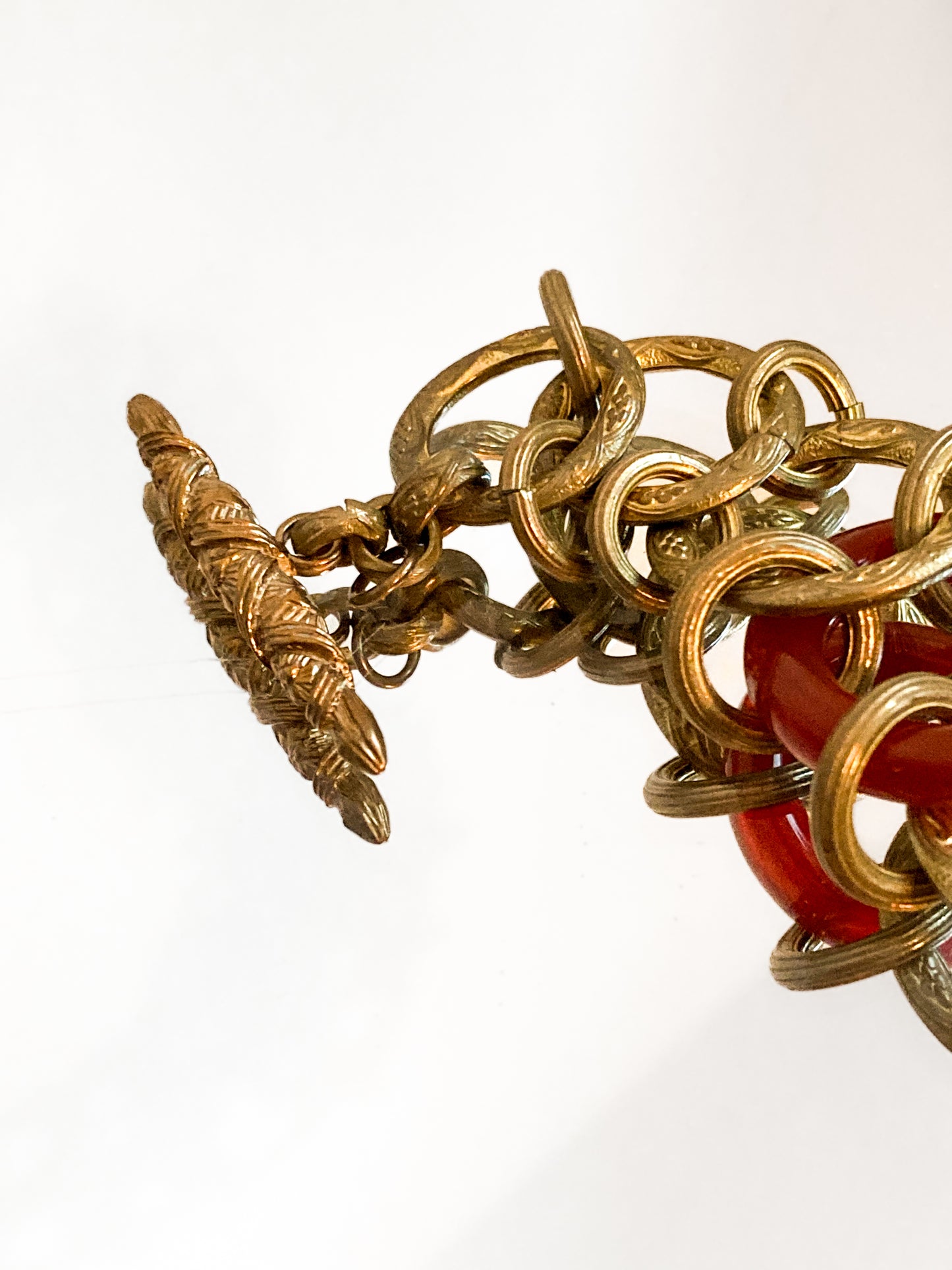 Vintage Gold Toned Circular Rust Red Lucite Stone Chain Link Bracelet Stephen Dweck