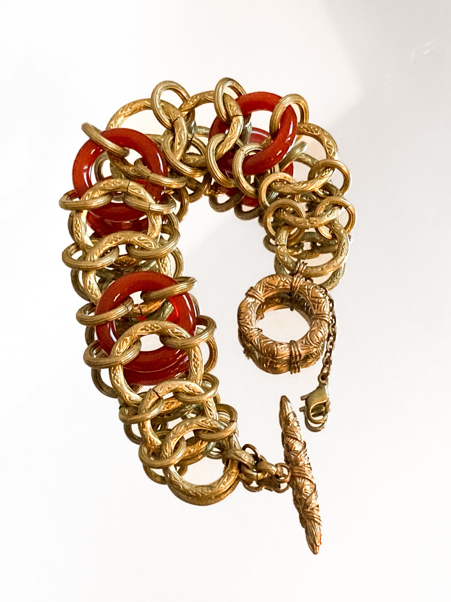 Vintage Gold Toned Circular Rust Red Lucite Stone Chain Link Bracelet Stephen Dweck