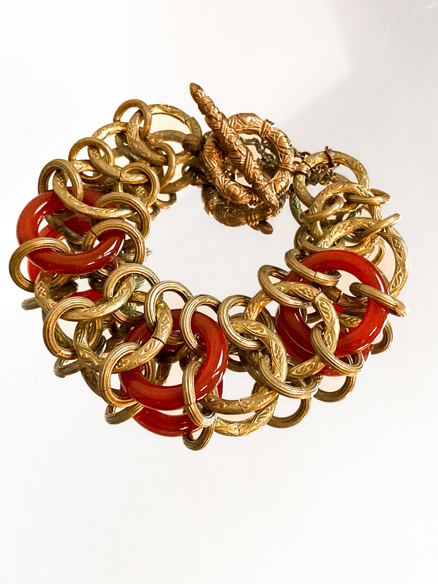 Vintage Gold Toned Circular Rust Red Lucite Stone Chain Link Bracelet Stephen Dweck