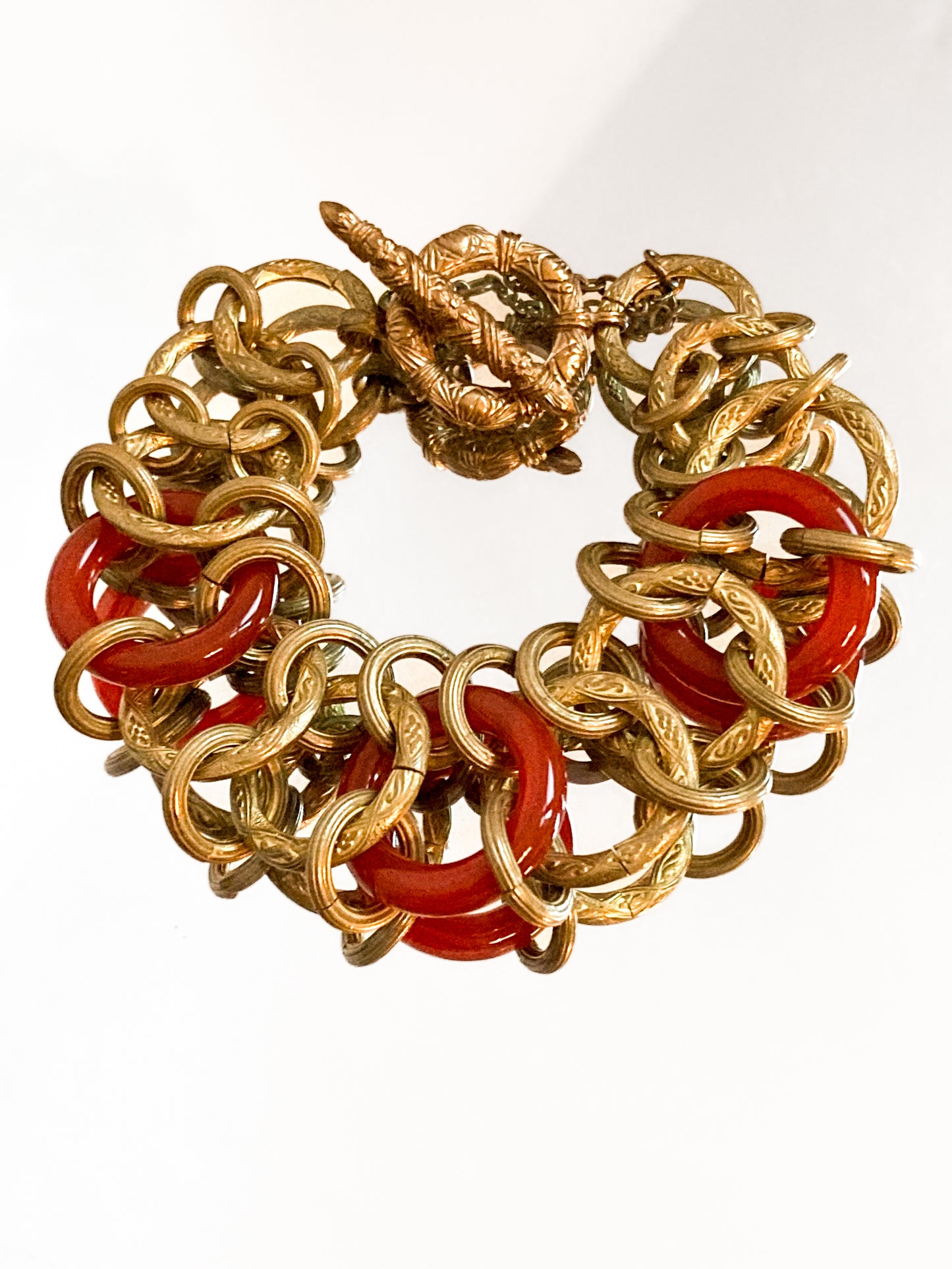 Vintage Gold Toned Circular Rust Red Lucite Stone Chain Link Bracelet Stephen Dweck