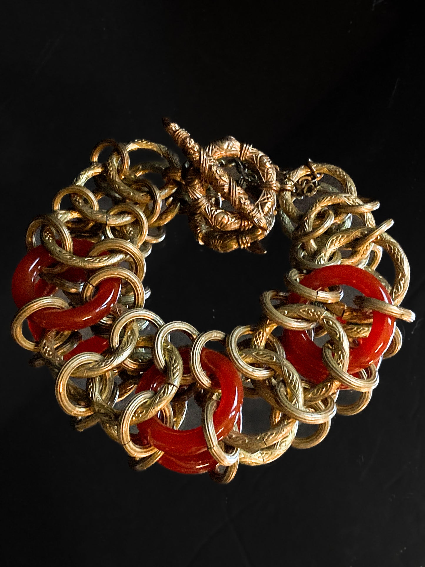 Vintage Gold Toned Circular Rust Red Lucite Stone Chain Link Bracelet Stephen Dweck