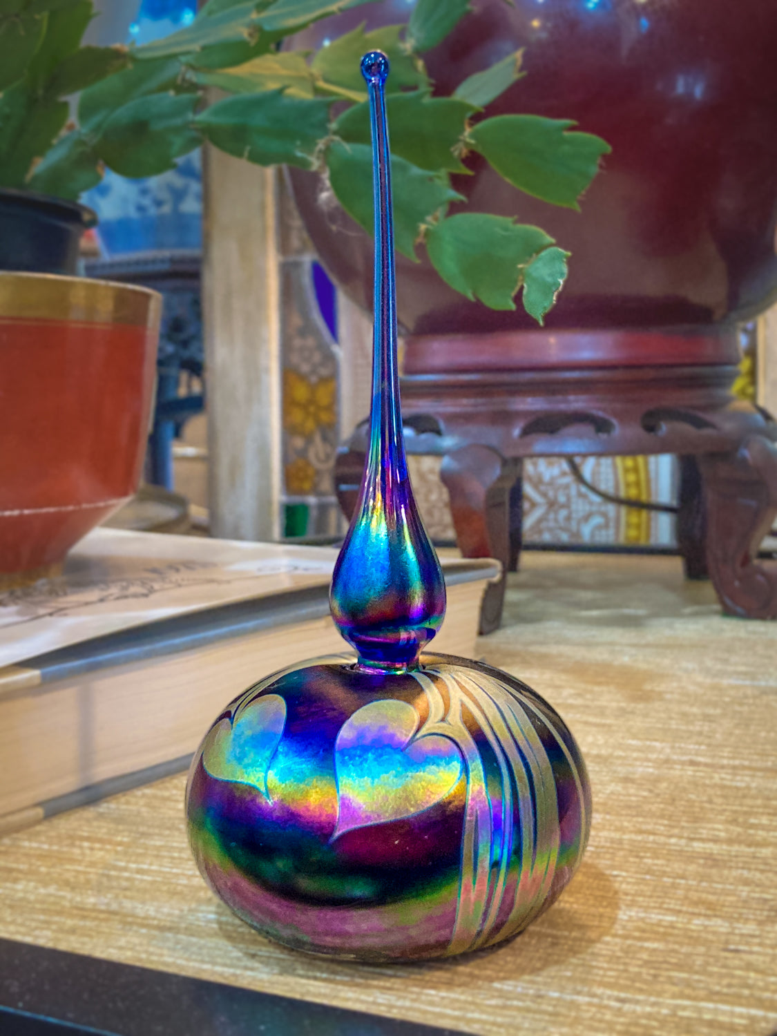 Vintage Hand Blown Iridescent Bleeding Heart Glasshouse Studio Perfume Bottle