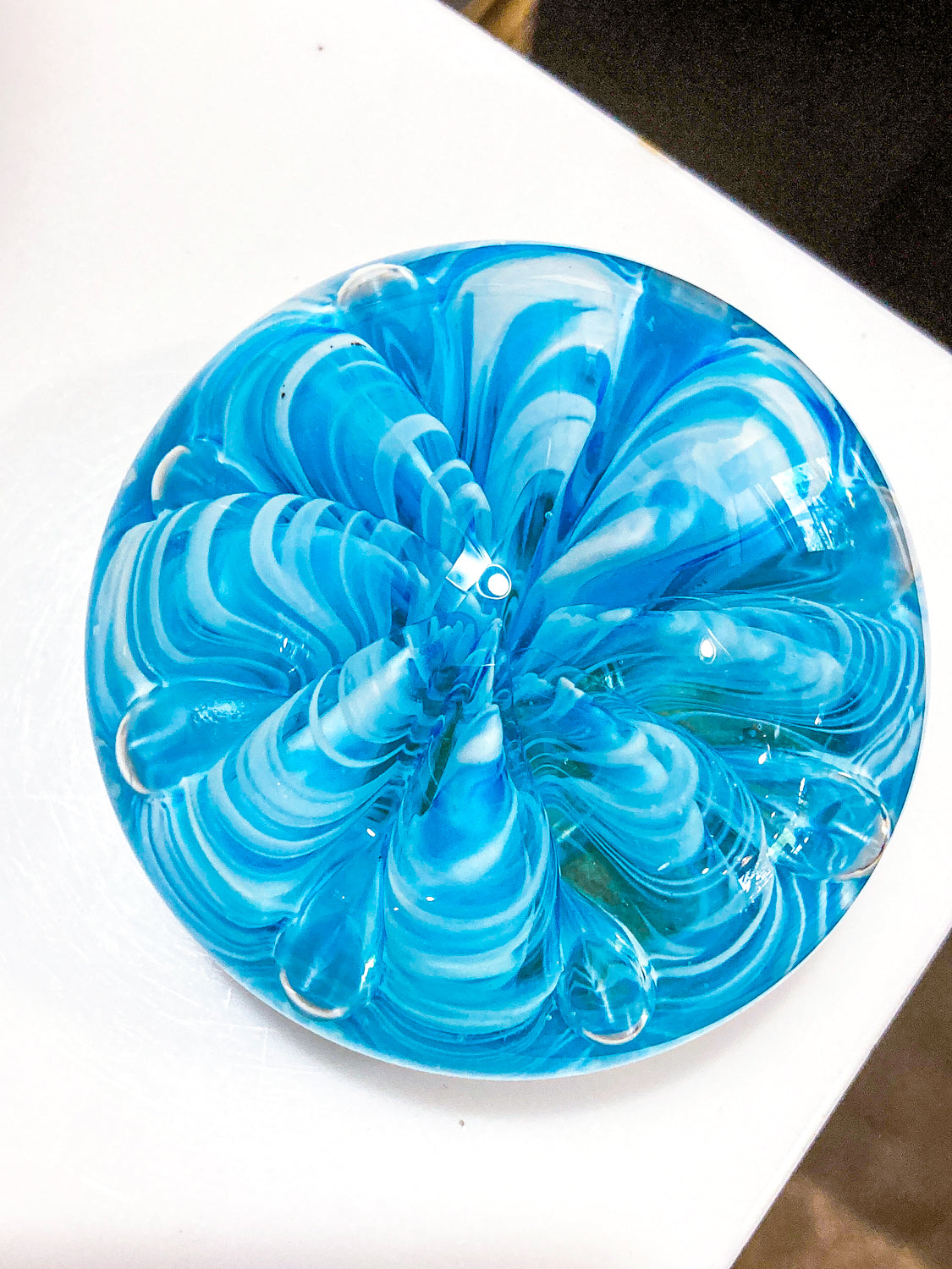 Vintage Handblown Turquoise Blue White Wavy Clear Glass Round Paperweight