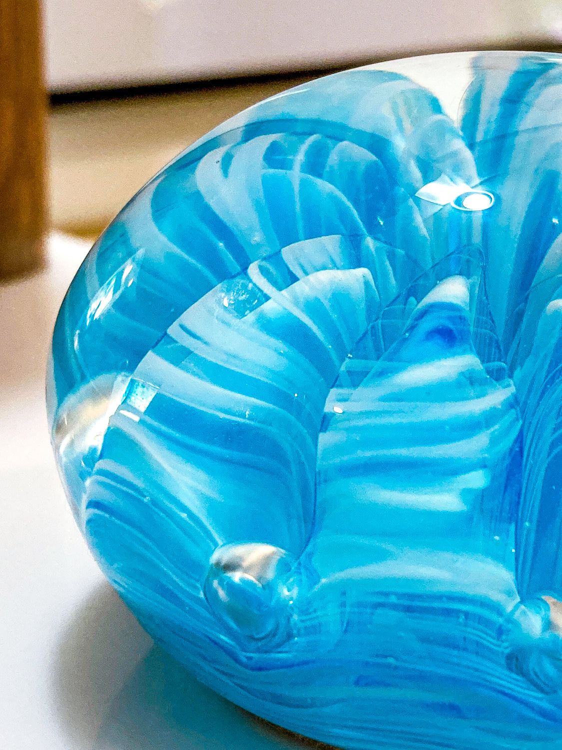 Vintage Handblown Turquoise Blue White Wavy Clear Glass Round Paperweight