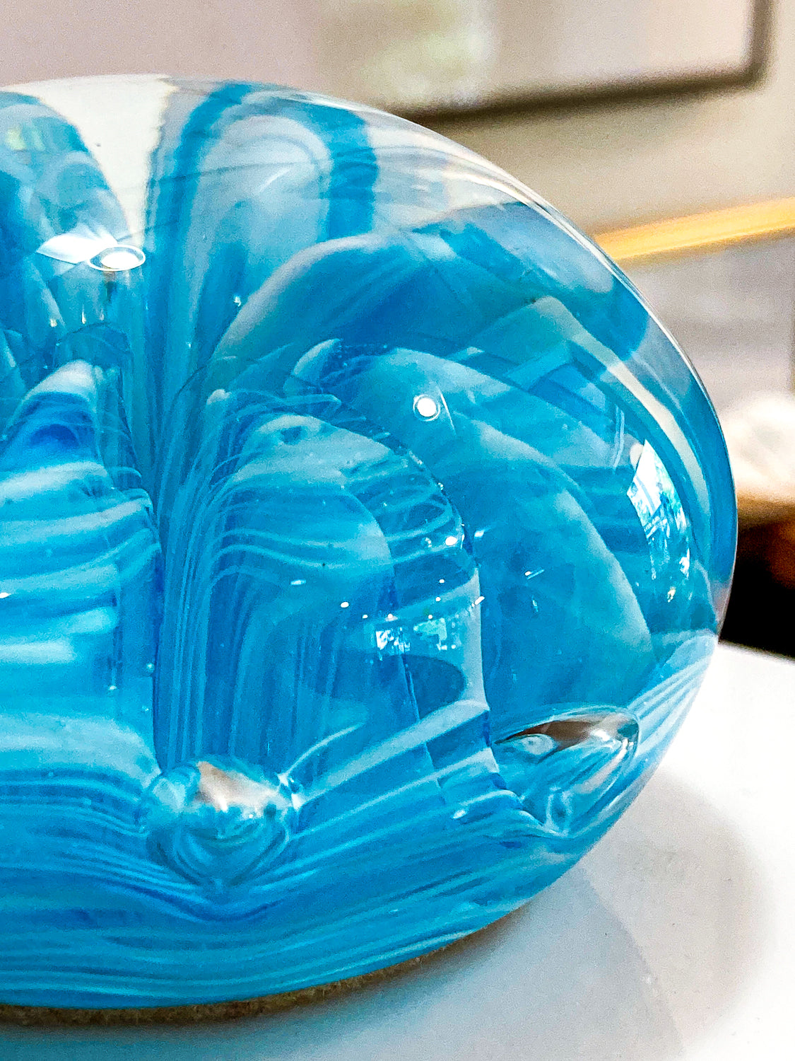 Vintage Handblown Turquoise Blue White Wavy Clear Glass Round Paperweight