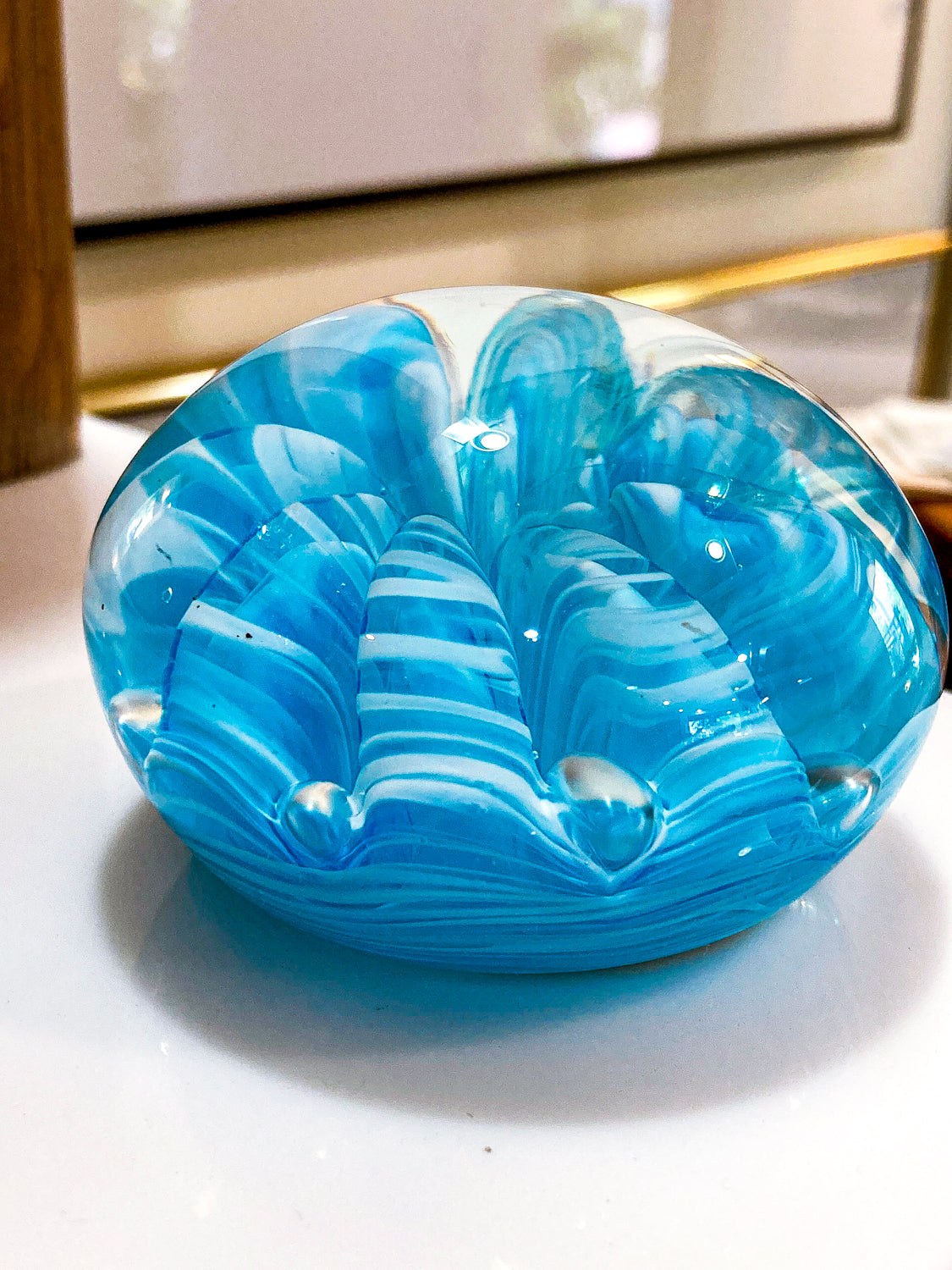 Vintage Handblown Turquoise Blue White Wavy Clear Glass Round Paperweight