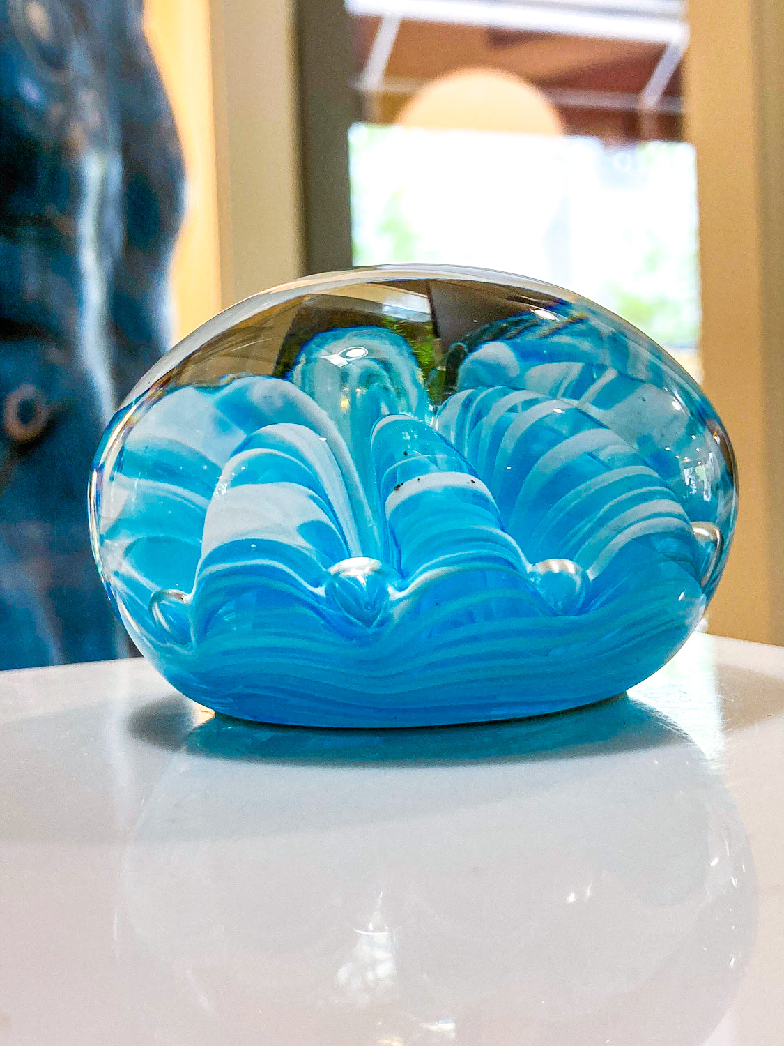 Vintage Handblown Turquoise Blue White Wavy Clear Glass Round Paperweight