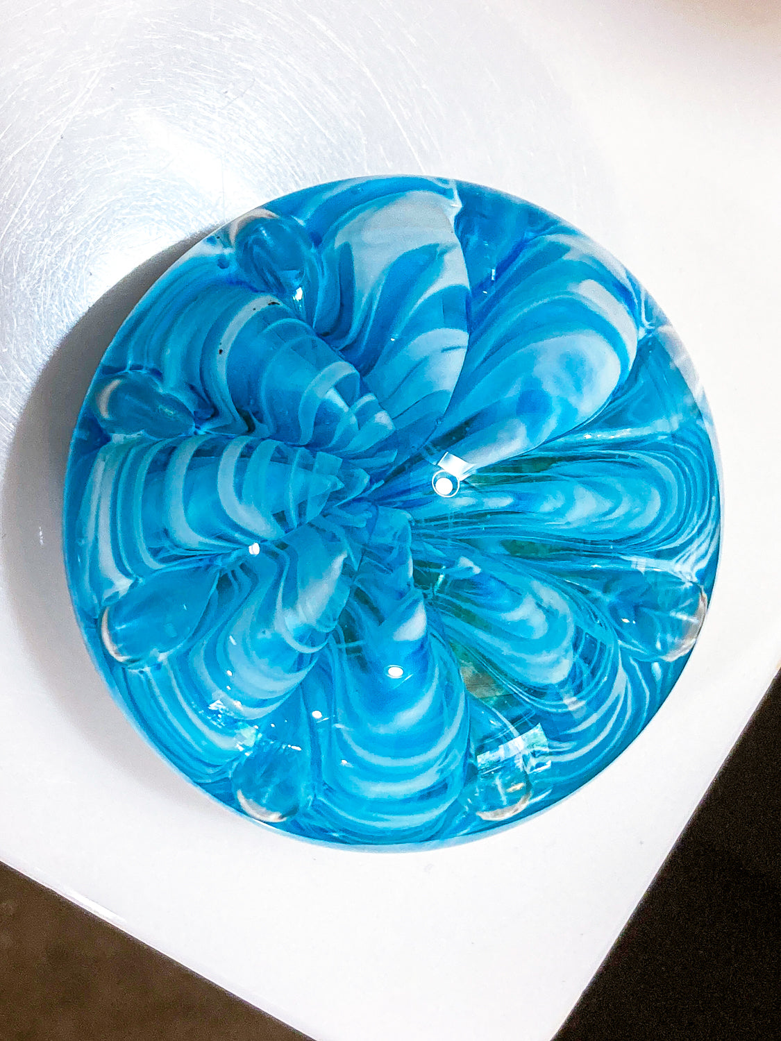 Vintage Handblown Turquoise Blue White Wavy Clear Glass Round Paperweight