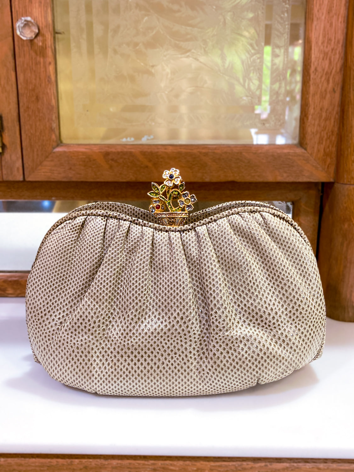 Vintage Judith Leiber Champagne Snakeskin Floral Clasp Crossbody Clutch Bag