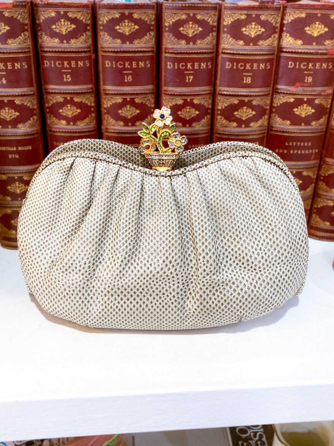 Vintage Judith Leiber Champagne Snakeskin Floral Clasp Crossbody Clutch Bag