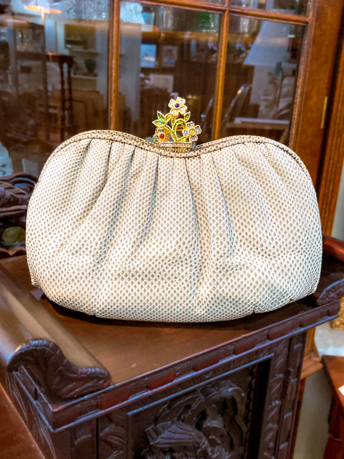 Vintage Judith Leiber Champagne Snakeskin Floral Clasp Crossbody Clutch Bag