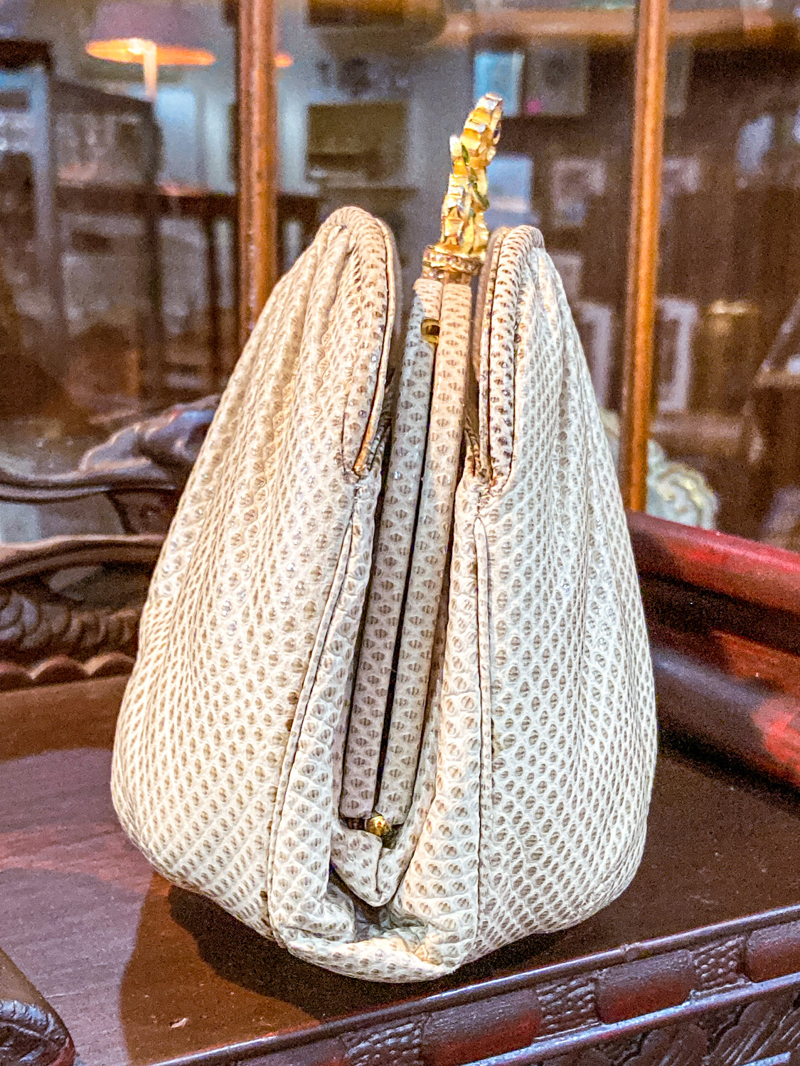 Vintage Judith Leiber Champagne Snakeskin Floral Clasp Crossbody Clutch Bag
