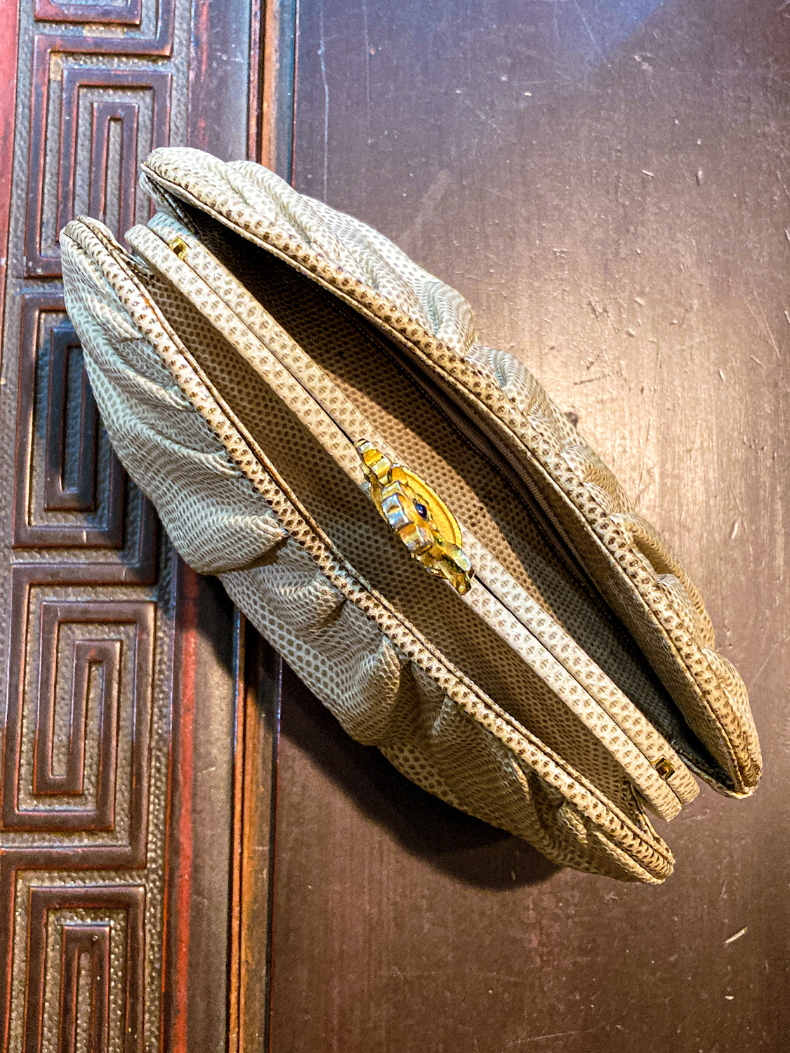 Vintage Judith Leiber Champagne Snakeskin Floral Clasp Crossbody Clutch Bag