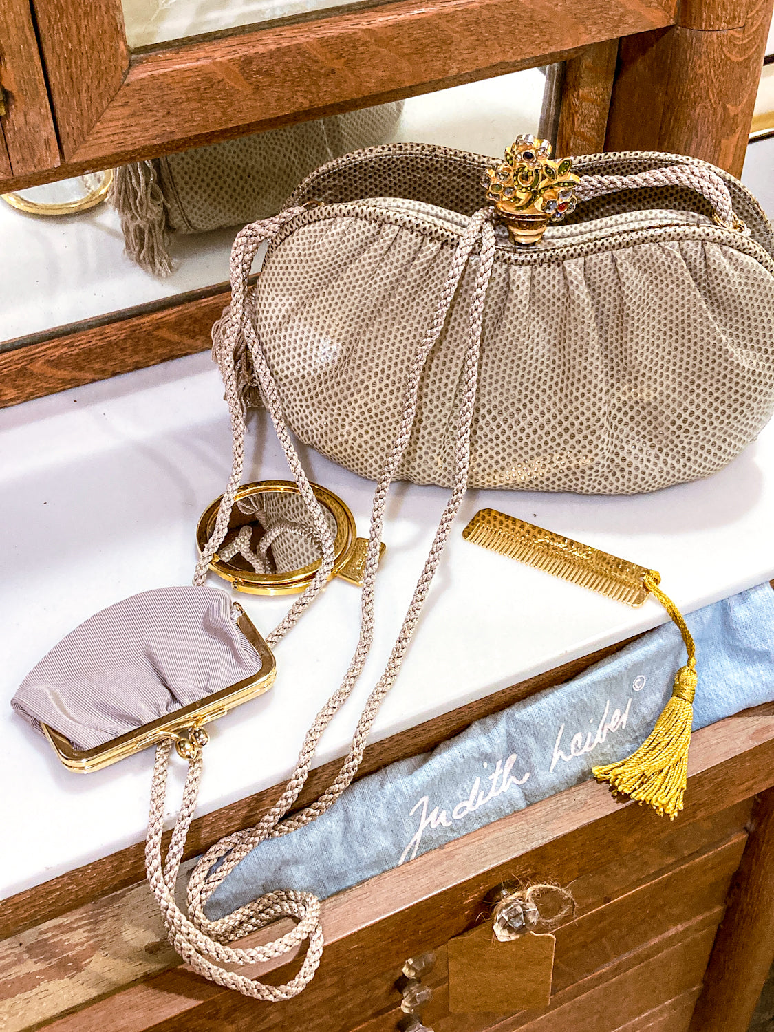 Vintage Judith Leiber Champagne Snakeskin Floral Clasp Crossbody Clutch Bag
