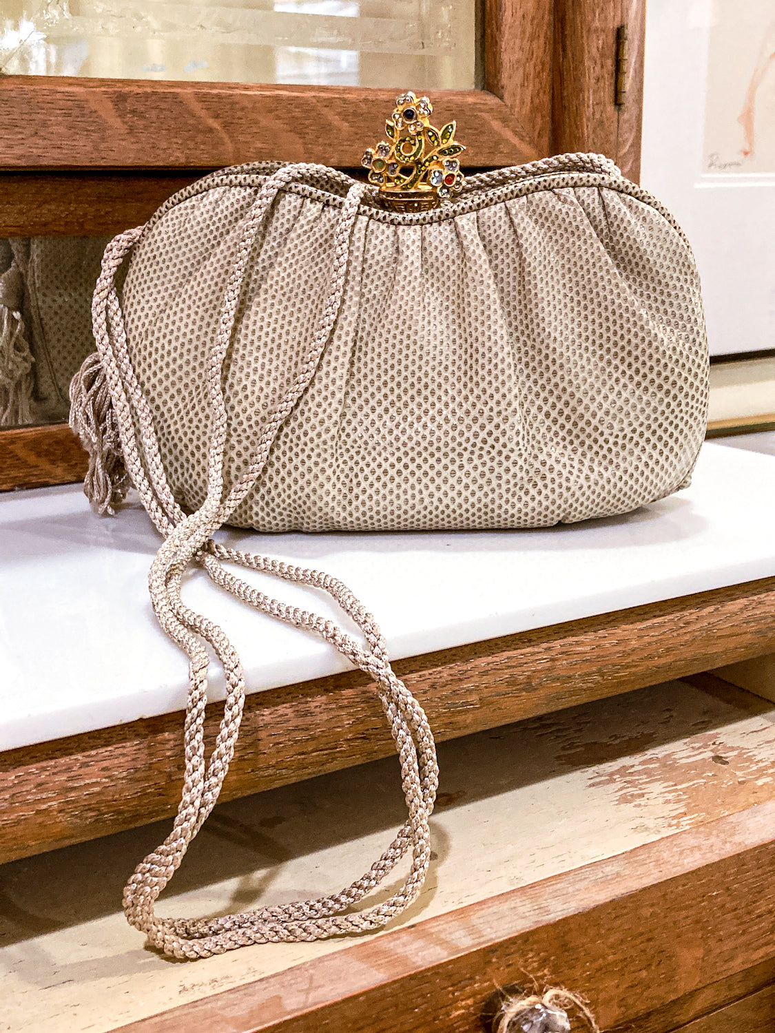 Vintage Judith Leiber Champagne Snakeskin Floral Clasp Crossbody Clutch Bag