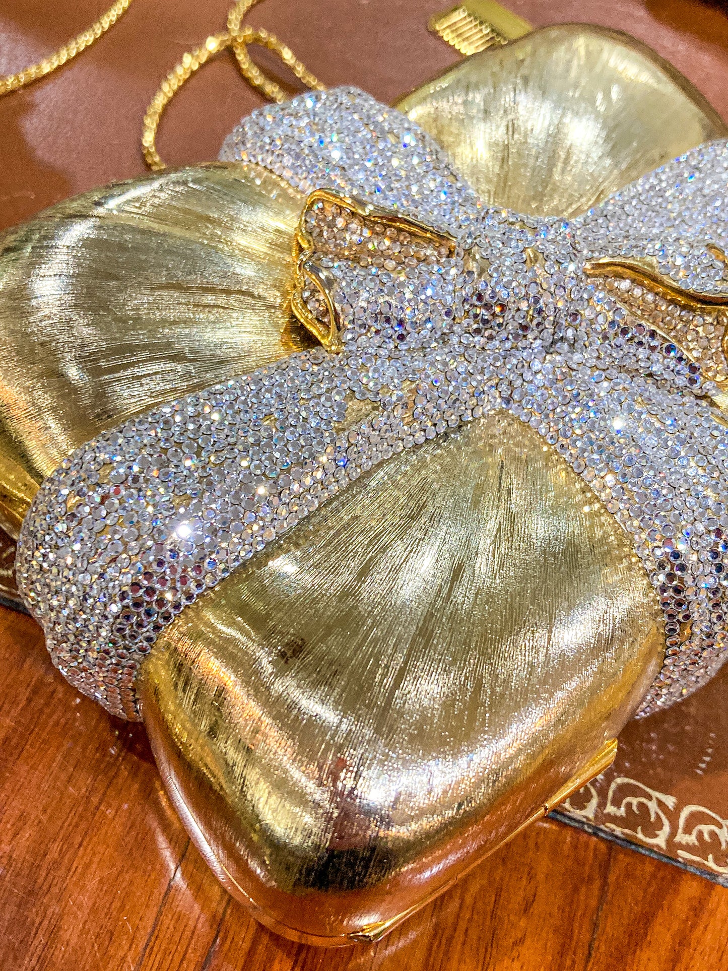 Vintage Judith Leiber Swarovski Crystal Gold Present Large Tassel Crossbody Clutch Bag