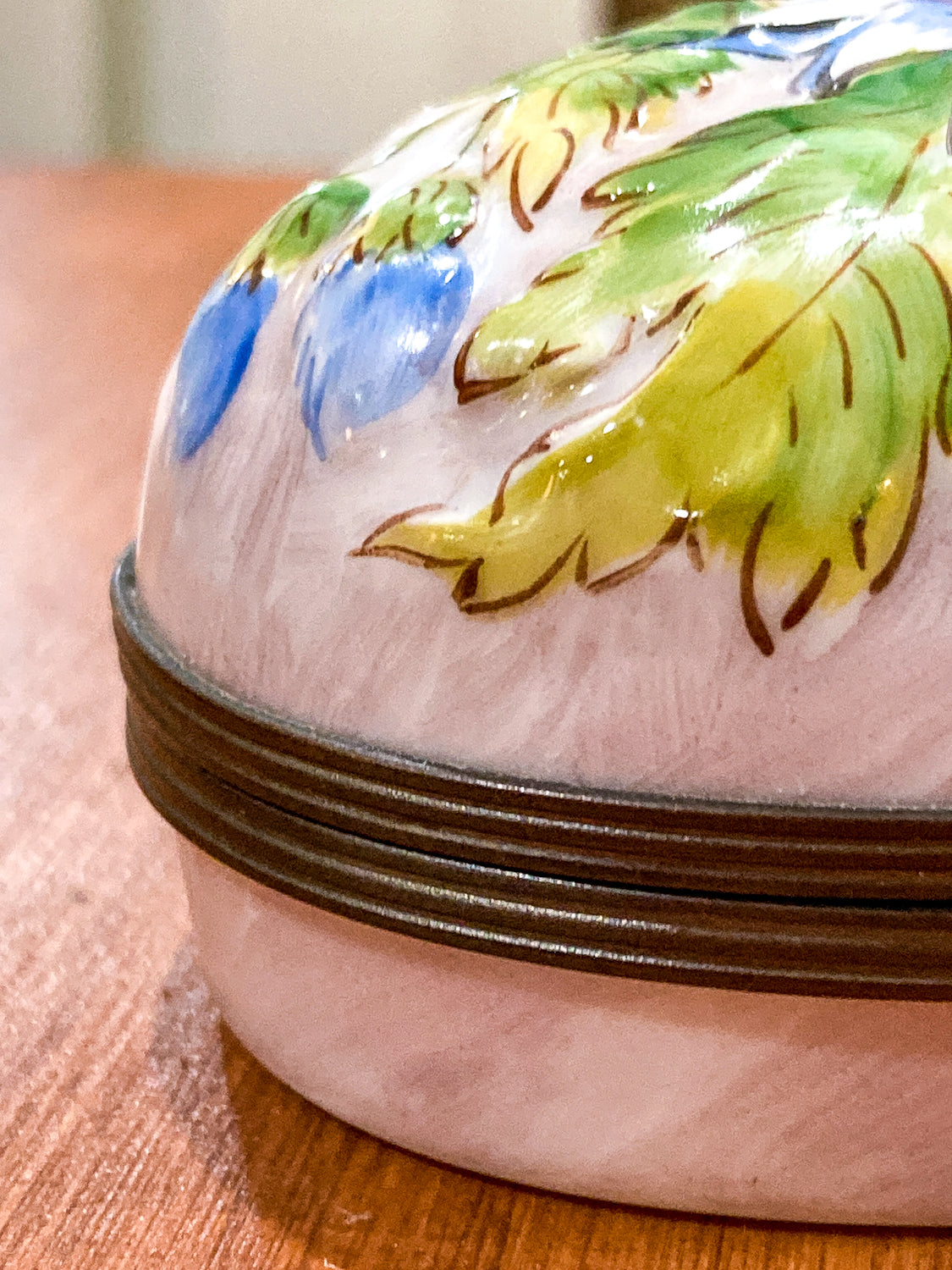Limoges France Floral Beetle Pink Glass Style Oval Porcelain Pillbox