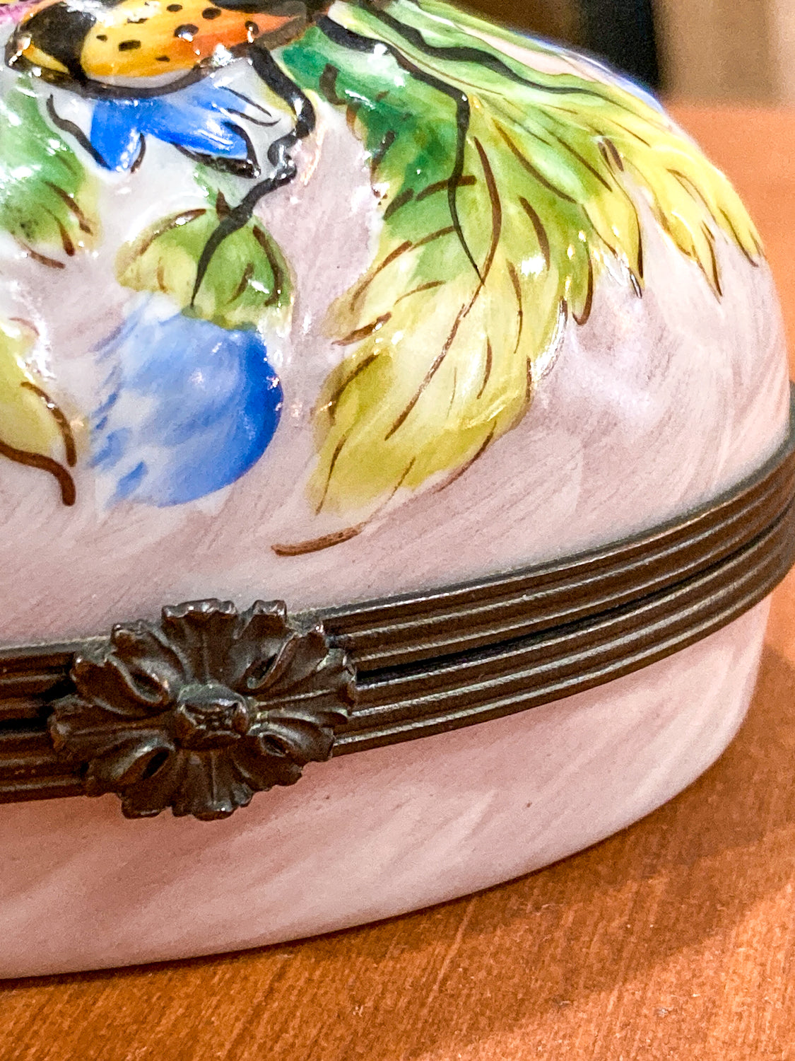 Limoges France Floral Beetle Pink Glass Style Oval Porcelain Pillbox