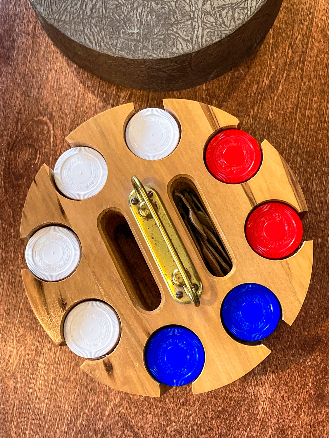 Vintage MCM Lazy Susan Red White Blue Poker Chip Travel Caddy Set