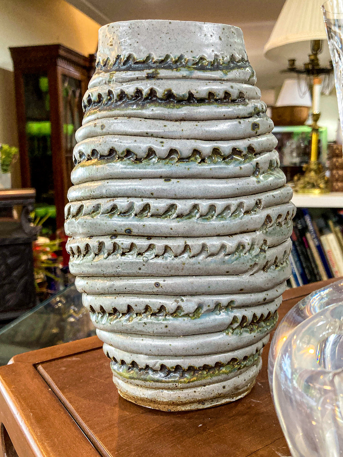 Vintage MCM Speckled Blue Green Tall Textural Handmade Ceramic Coil Vase