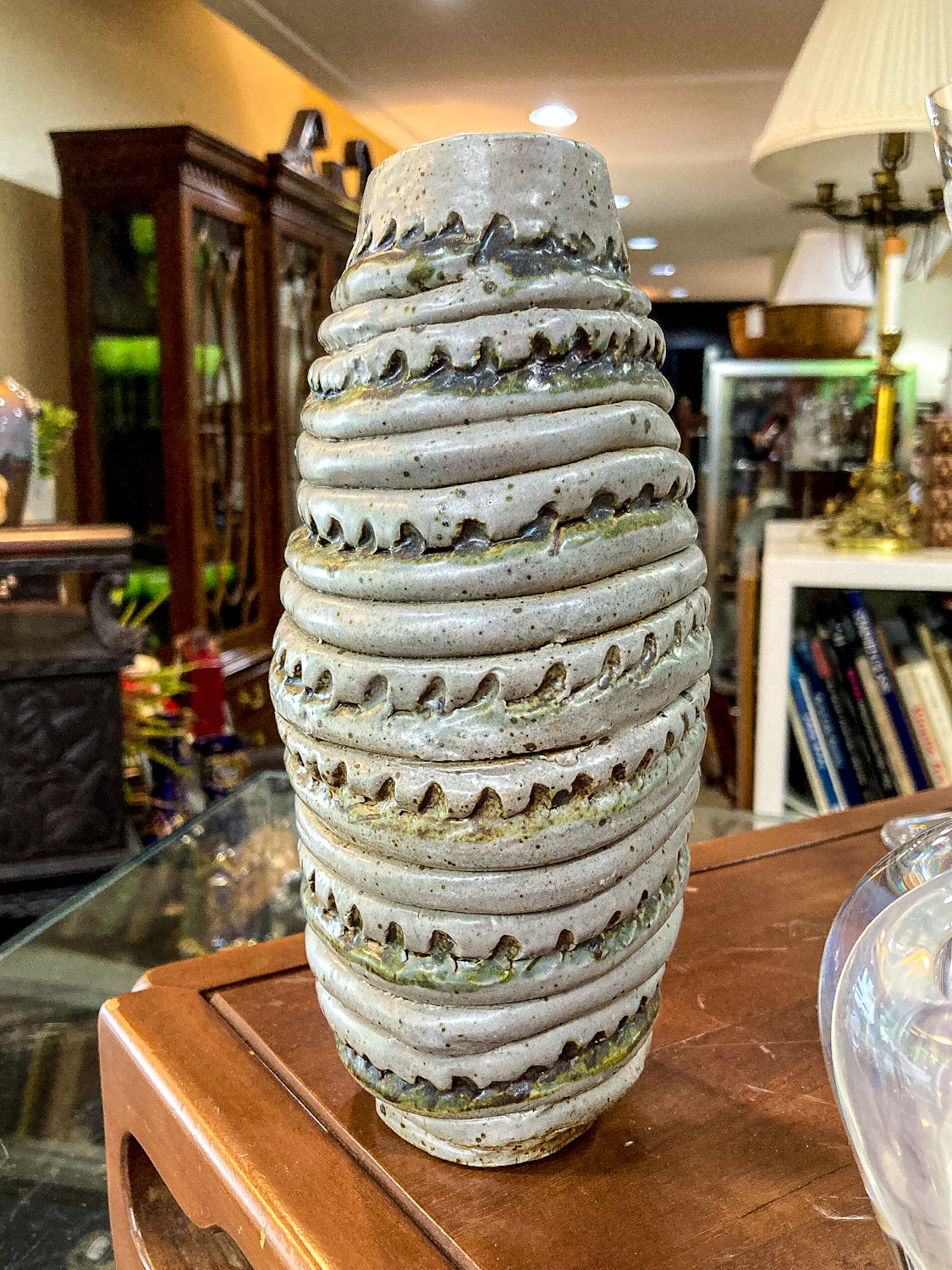 Vintage MCM Speckled Blue Green Tall Textural Handmade Ceramic Coil Vase