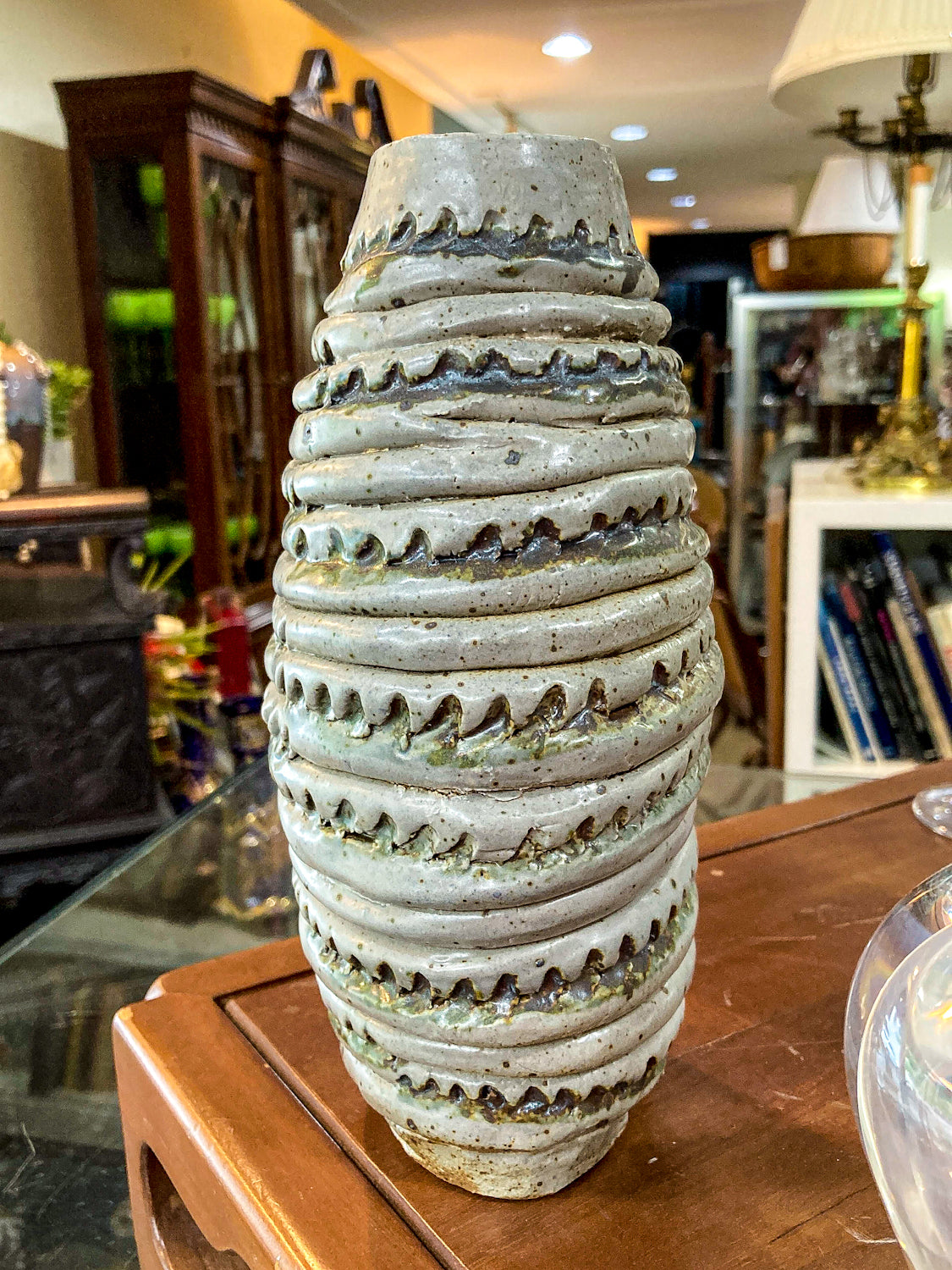 Vintage MCM Speckled Blue Green Tall Textural Handmade Ceramic Coil Vase