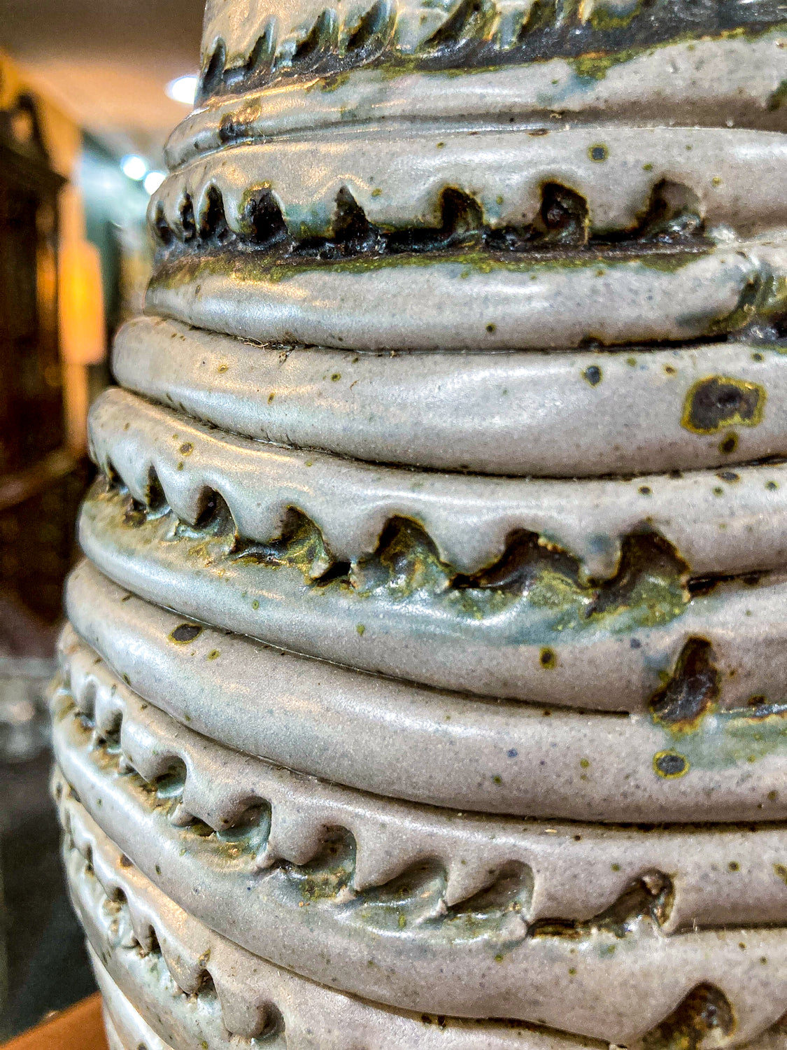 Vintage MCM Speckled Blue Green Tall Textural Handmade Ceramic Coil Vase
