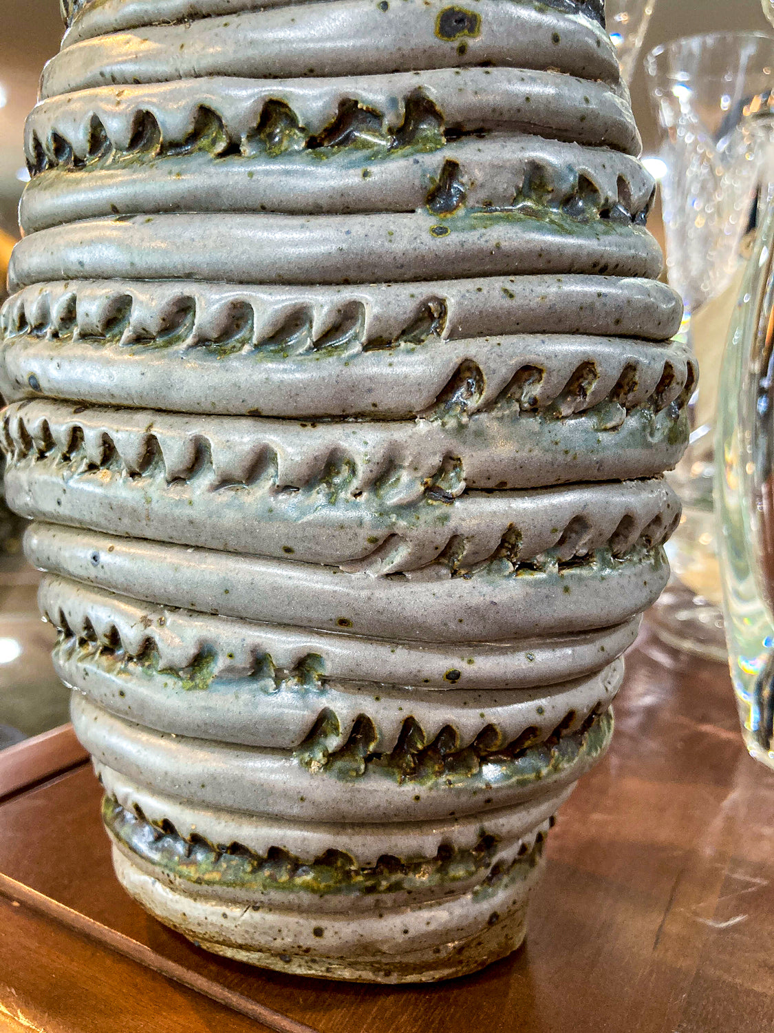 Vintage MCM Speckled Blue Green Tall Textural Handmade Ceramic Coil Vase