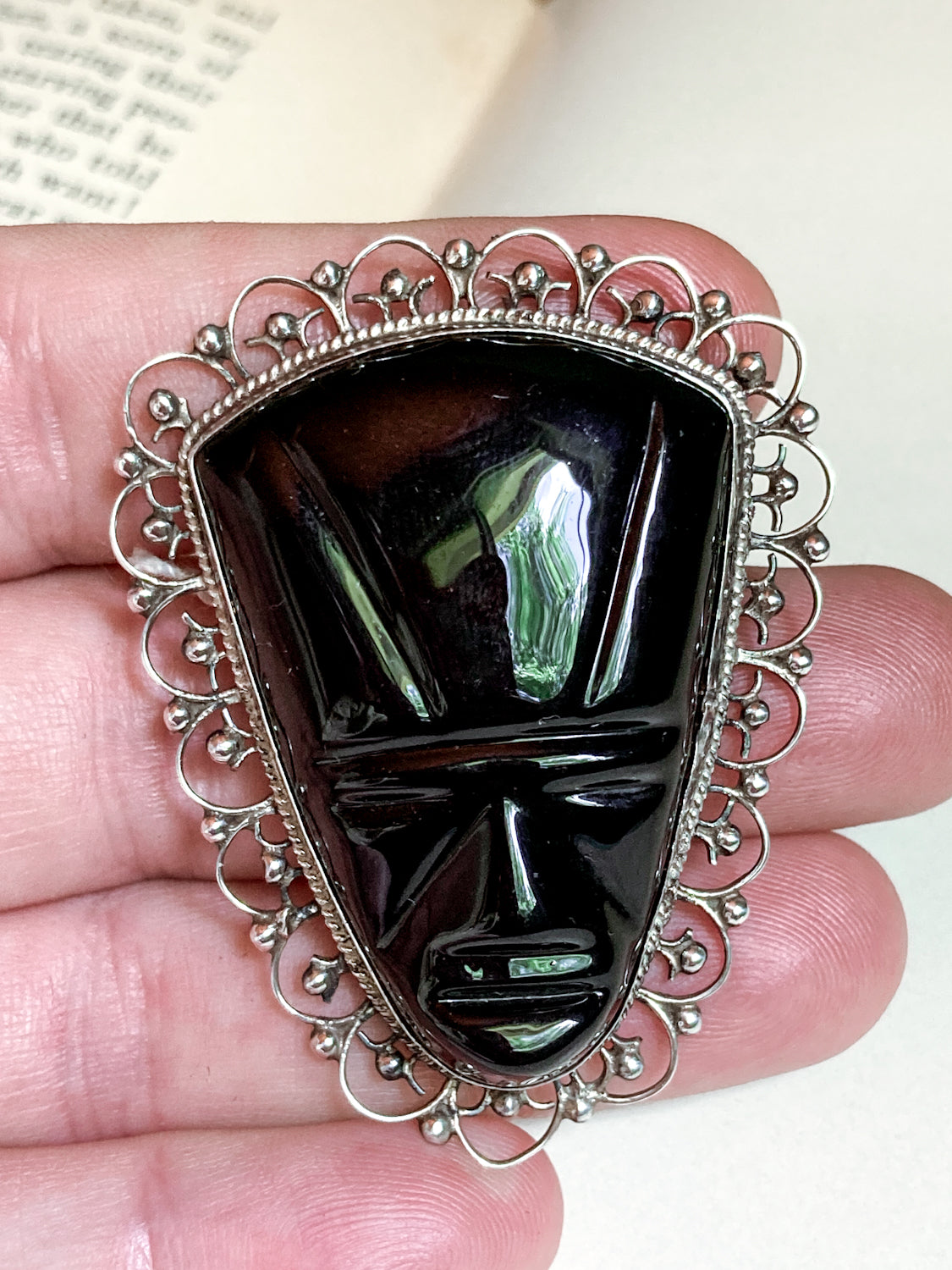Vintage Mexico Sterling Silver 925 Carved Black Onyx Abstract Face Filigree Brooch