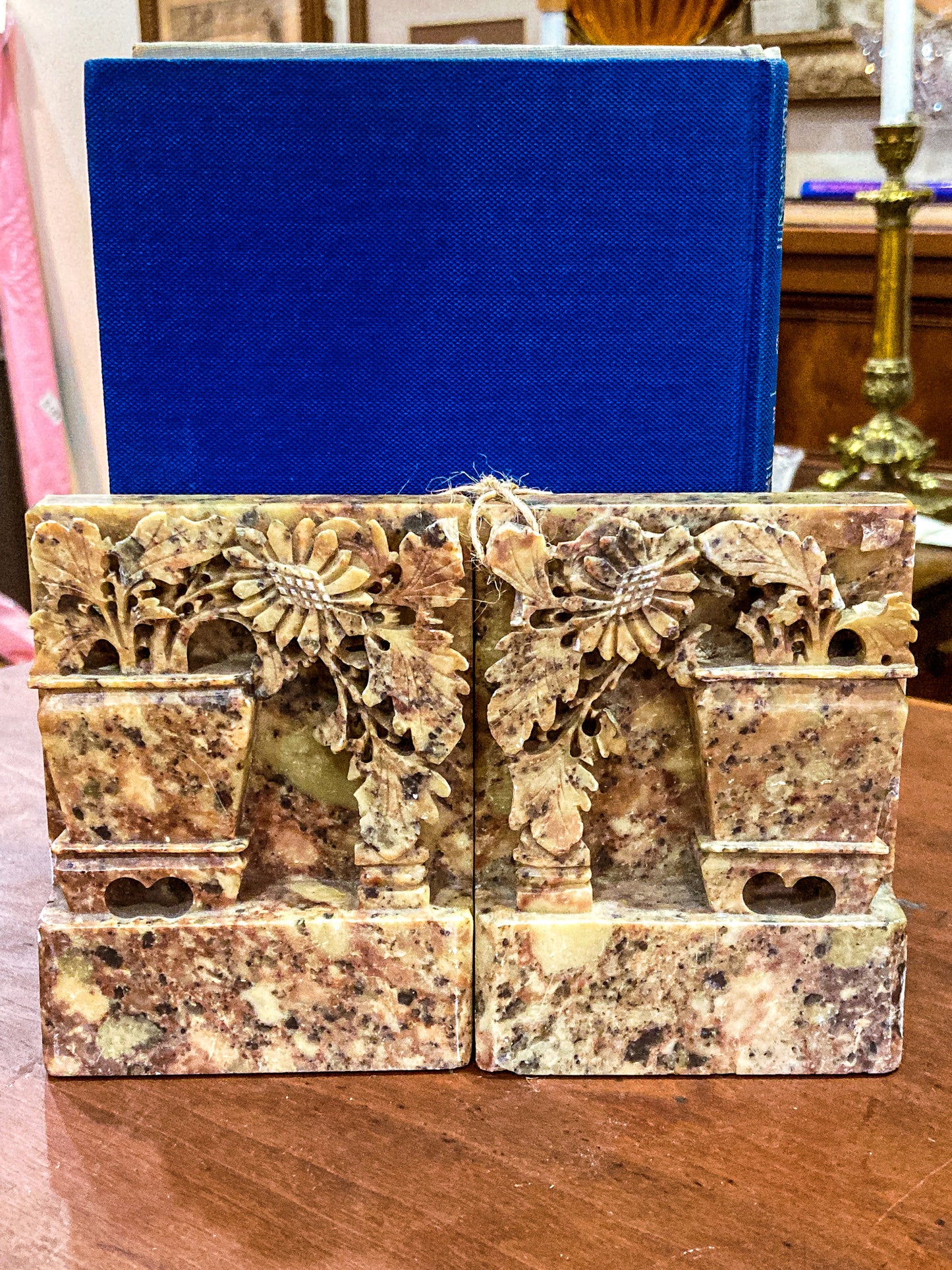 Pair Vintage Hand Carved Planter Pot Chinese Soapstone Bookends