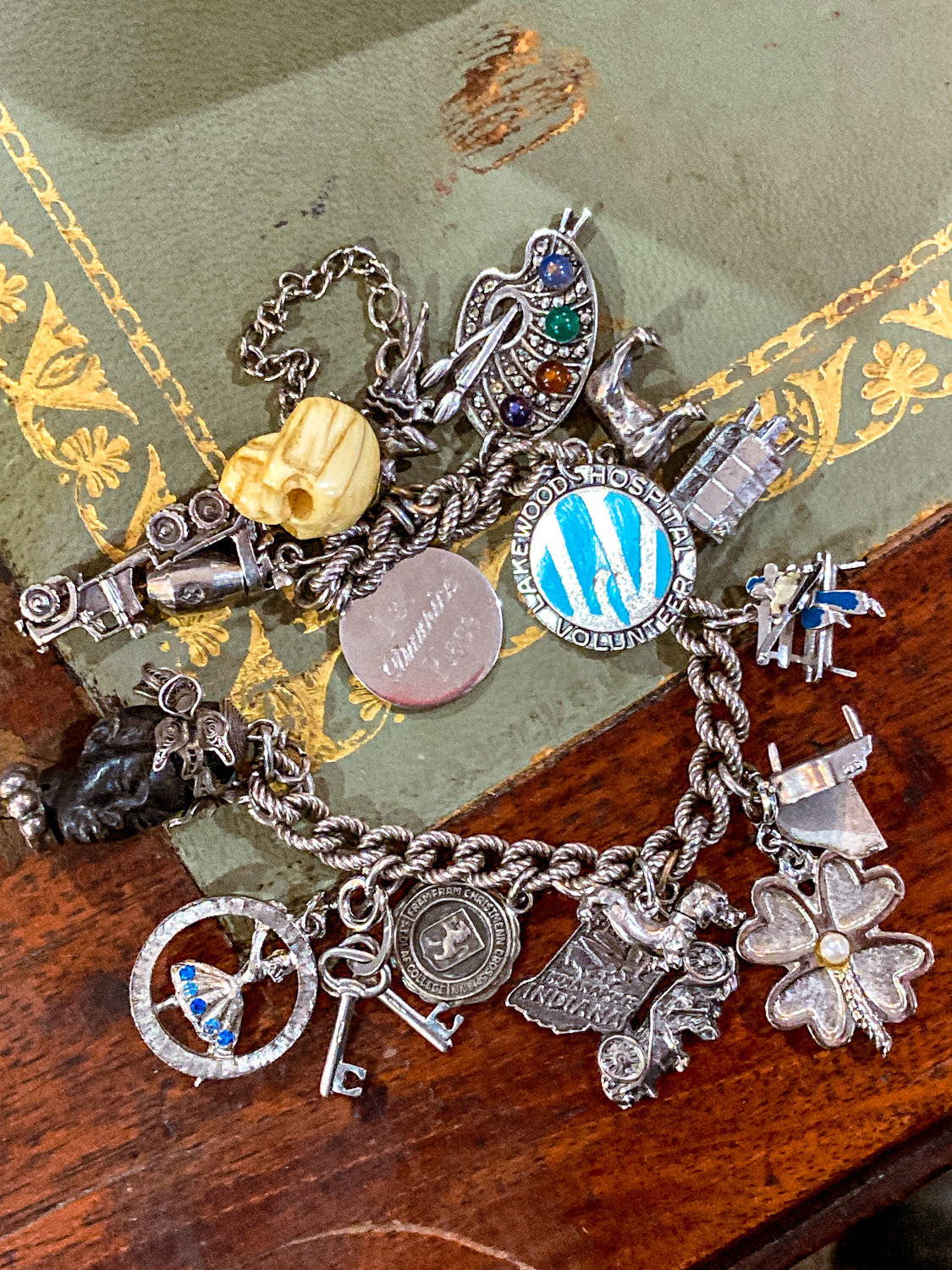 Vintage Sterling Silver Rare Dog, Skull, Portrait, Art, Dance Charm Bracelet
