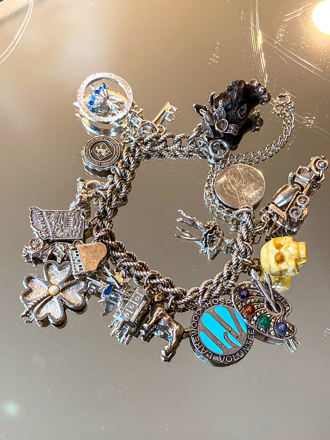 Vintage Sterling Silver Rare Dog, Skull, Portrait, Art, Dance Charm Bracelet