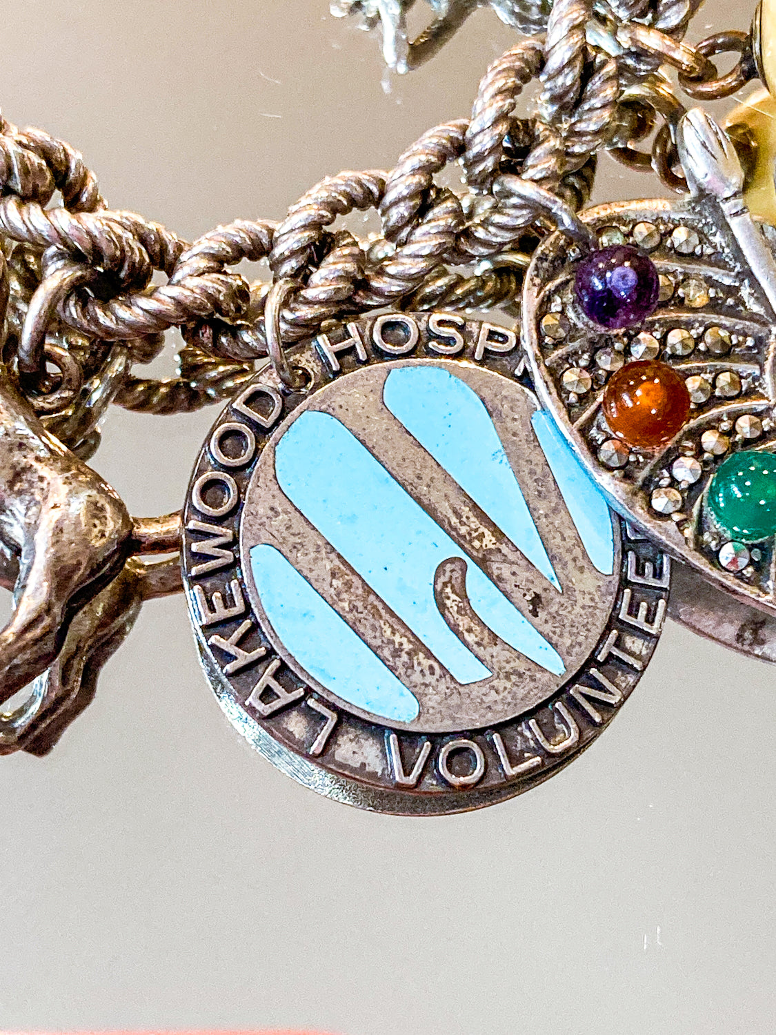 Vintage Sterling Silver Enameled Lakewood Hospital Volunteer Charm Bracelet