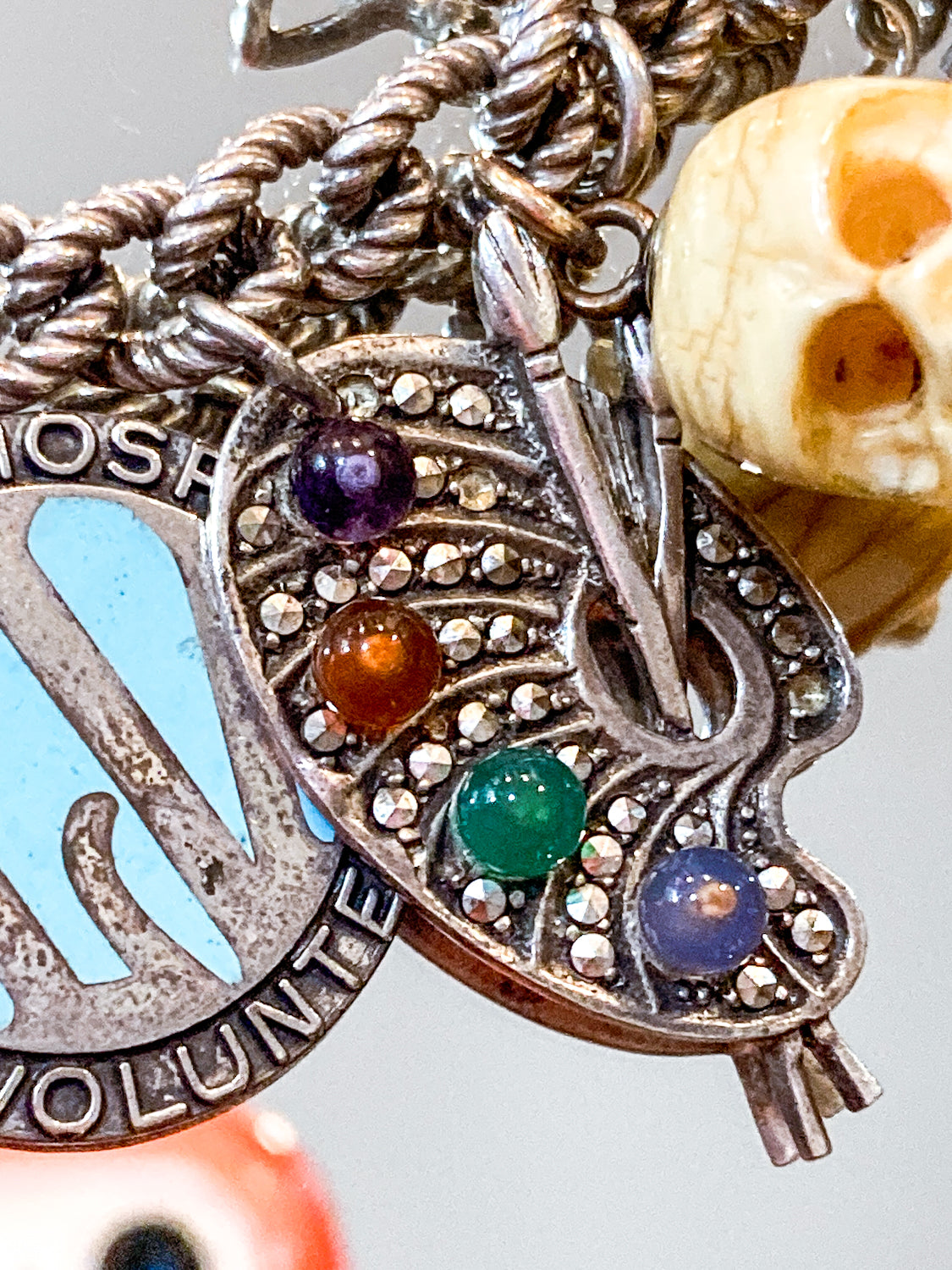 Vintage Sterling Silver Stone Marcasite Artist Paint Palette Charm Bracelet