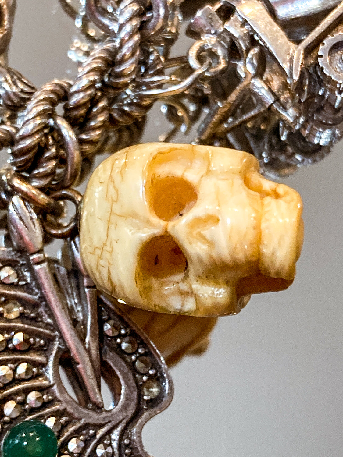 Vintage Sterling Silver Ivory Carved Skull Charm Bracelet