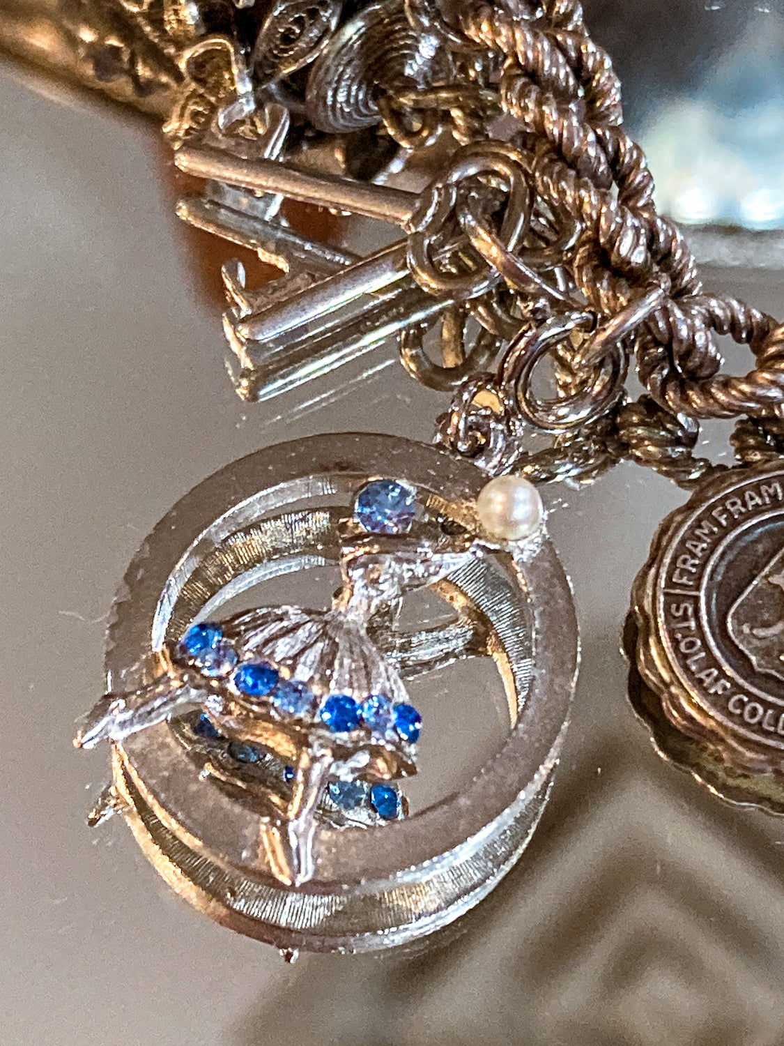 Vintage Sterling Silver Blue Rhinestone Pearl Ballerina Charm Bracelet