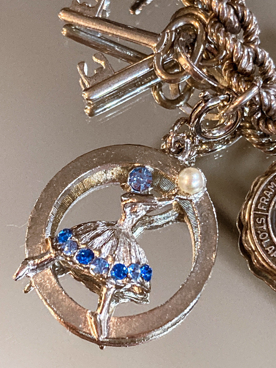 Vintage Sterling Silver Blue Rhinestone Pearl Ballerina Charm Bracelet