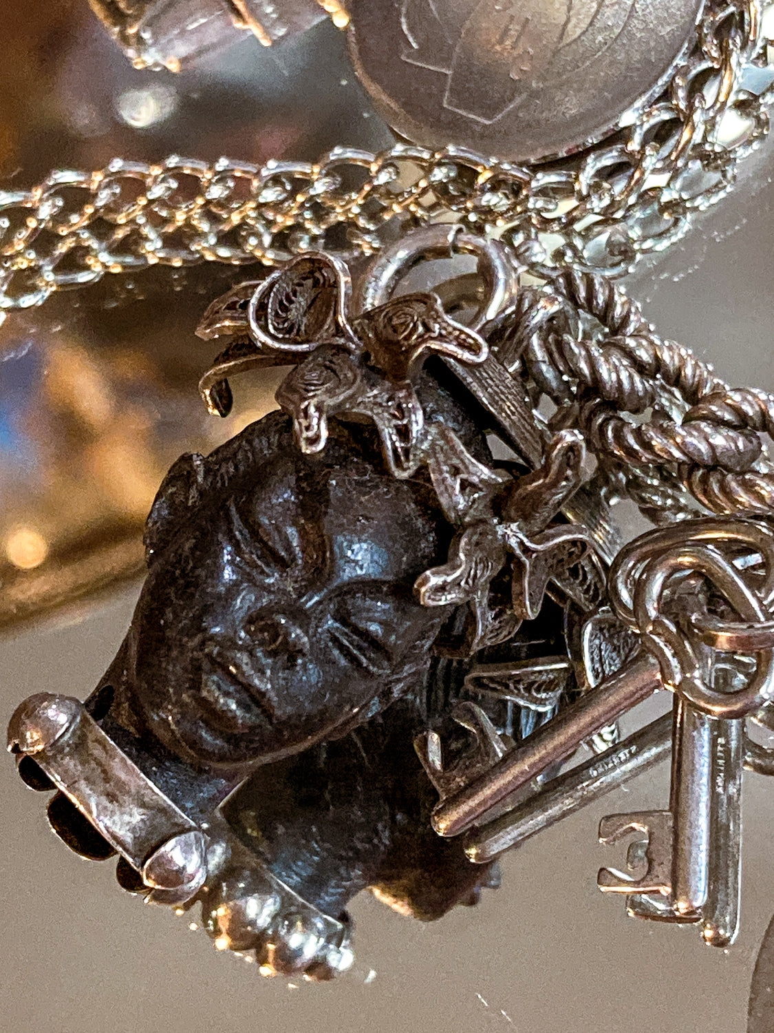 Vintage Sterling Silver Rare Nubian Carved Portrait Head Charm Bracelet