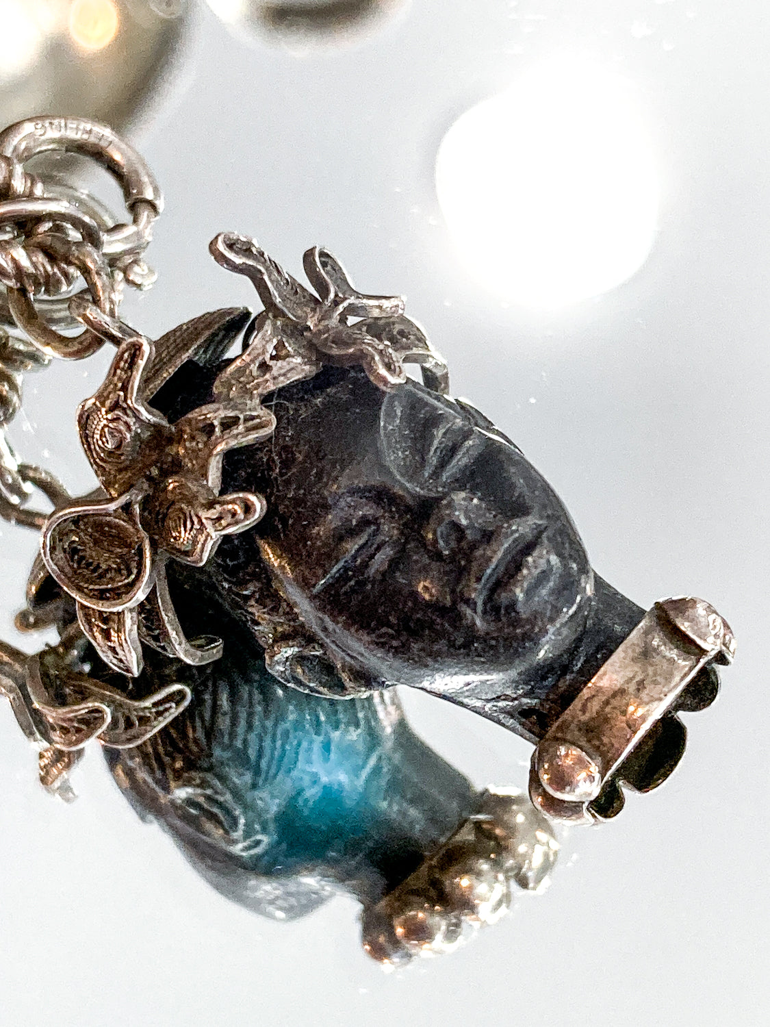 Vintage Sterling Silver Rare Nubian Carved Portrait Head Charm Bracelet