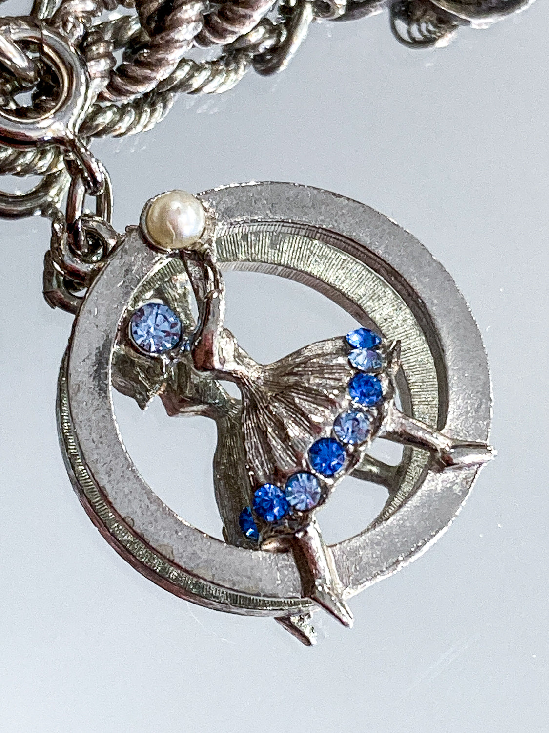 Vintage Sterling Silver Blue Rhinestone Pearl Ballerina Charm Bracelet