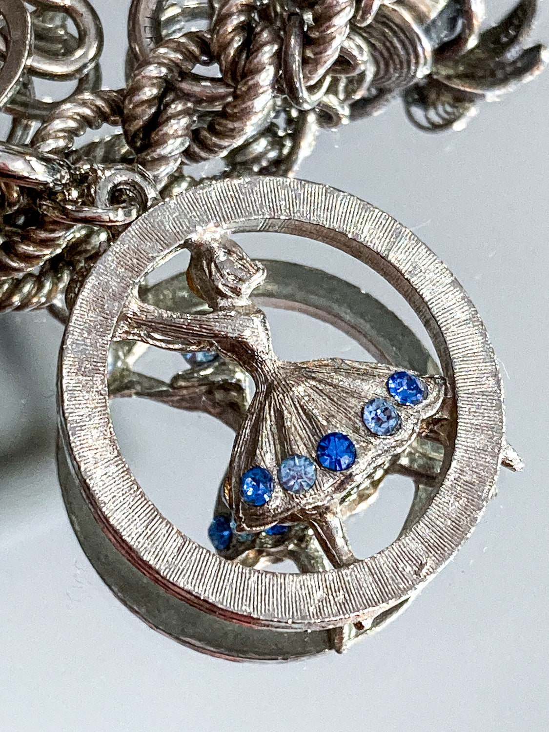 Vintage Sterling Silver Blue Rhinestone Pearl Ballerina Charm Bracelet