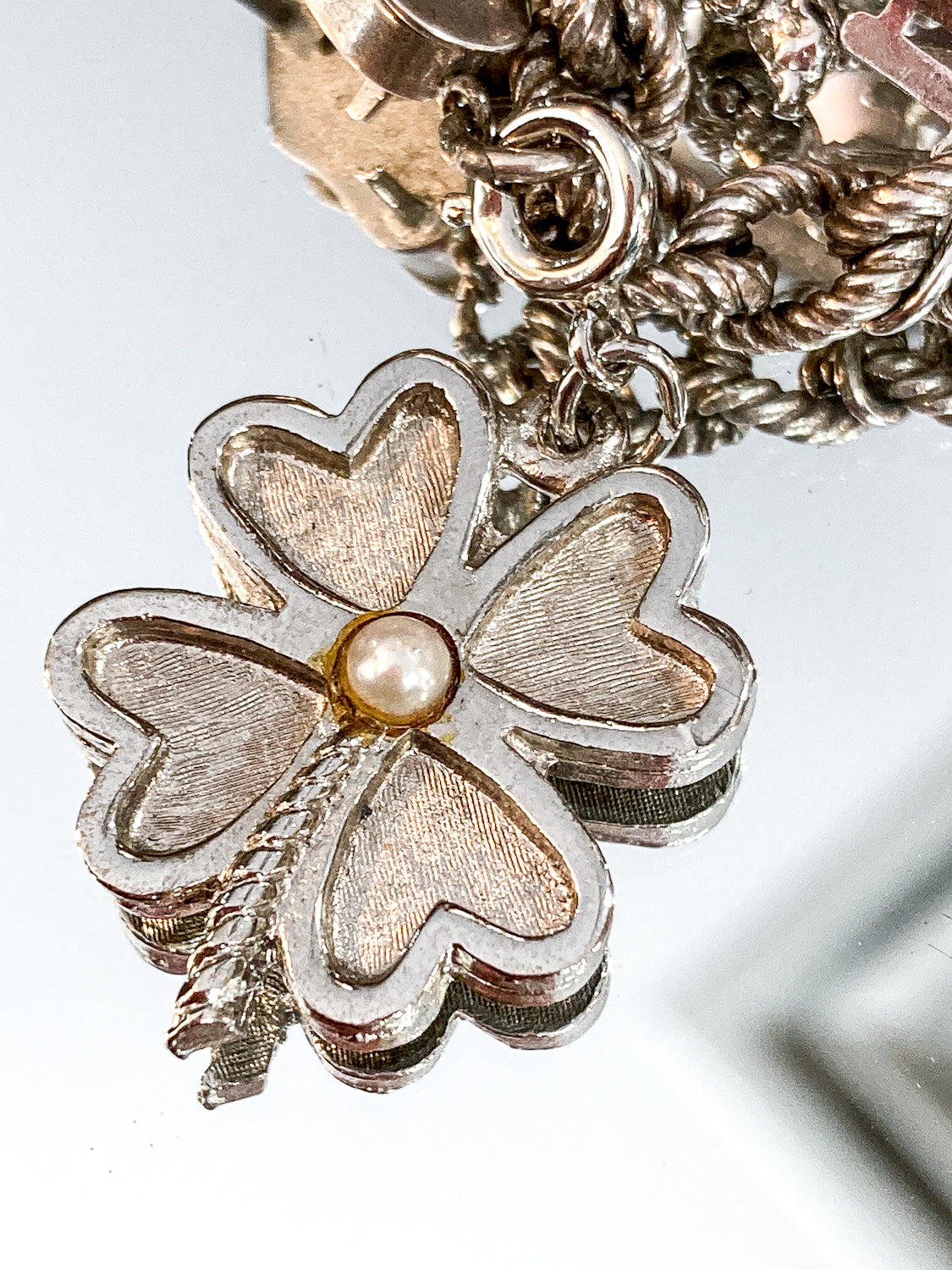 Vintage Silver Lucky Four Leaf Clover Pearl Charm Bracelet