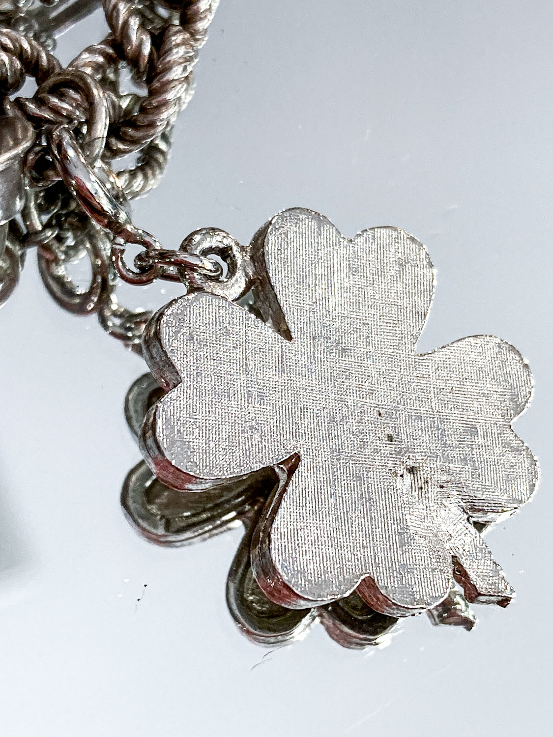 Vintage Silver Lucky Four Leaf Clover Pearl Charm Bracelet