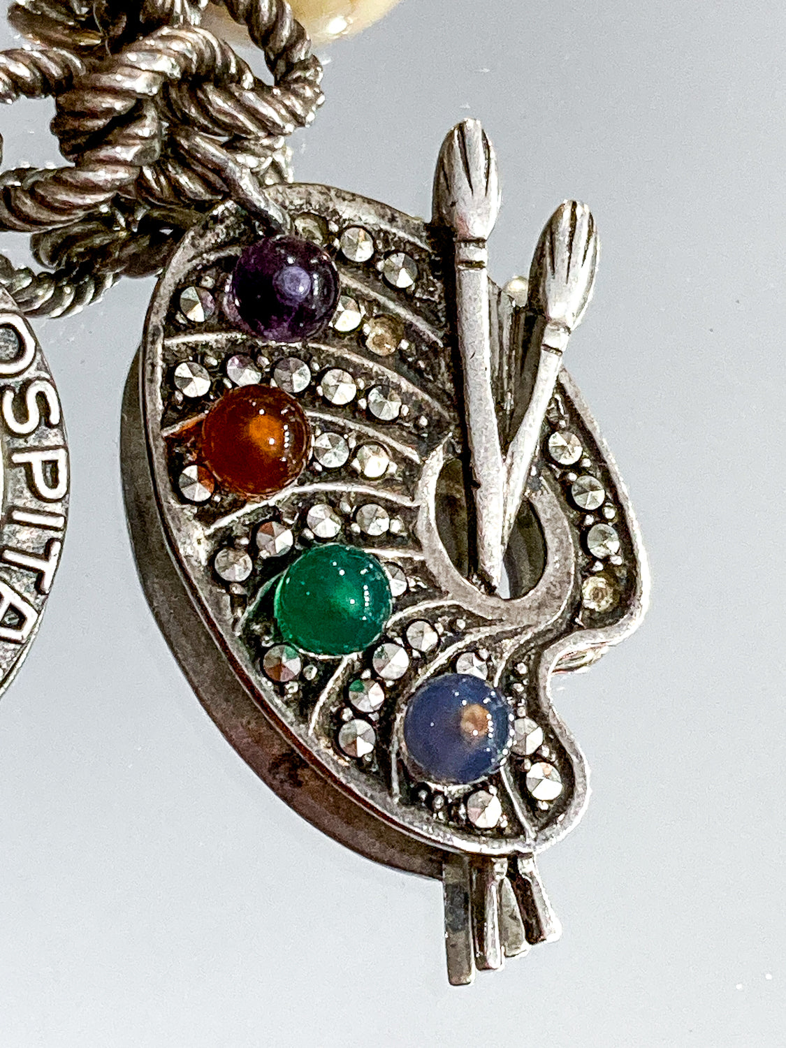 Vintage Sterling Silver Stone Marcasite Artist Paint Palette Charm Bracelet