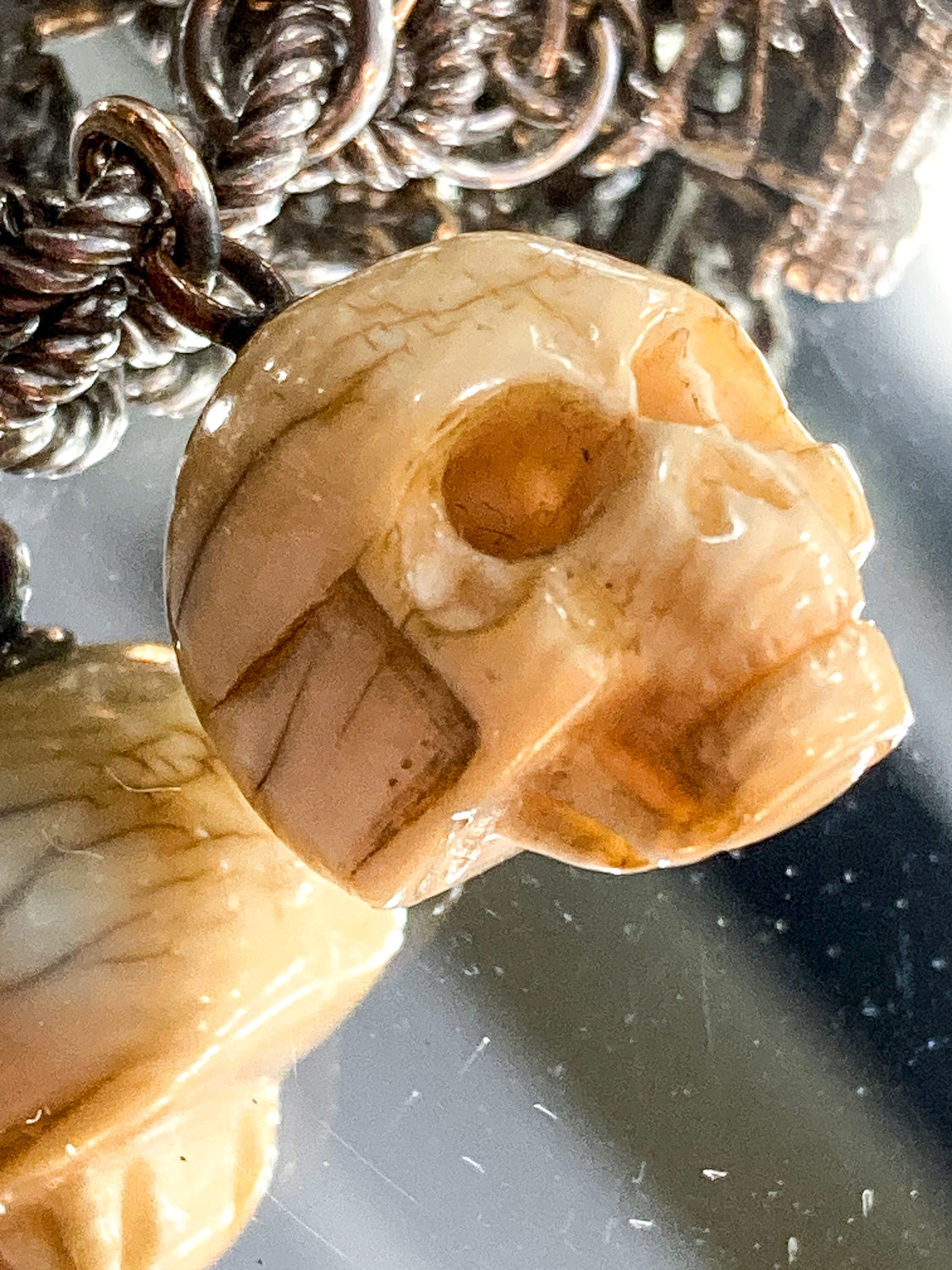 Vintage Sterling Silver Ivory Carved Skull Charm Bracelet